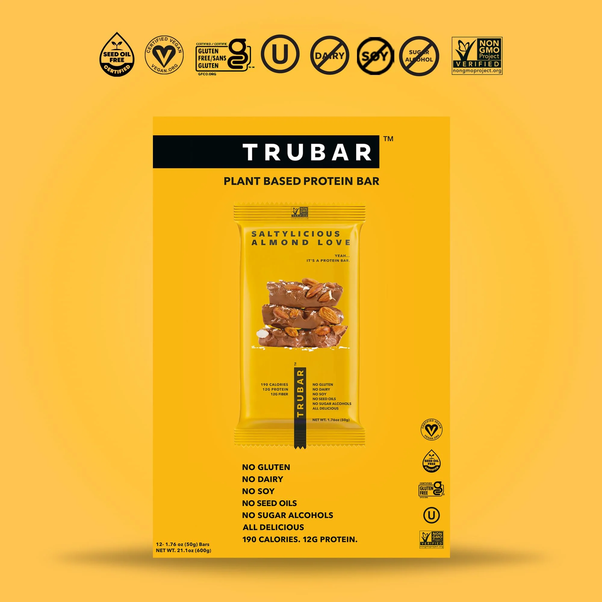 TRUBAR Vegan Protein Bar, Saltylicious Almond Love, Gluten Free, Plant Based, High Fiber, Dairy Free, Low Fat, Non GMO, No Sugar Alcohols, 12G Lean Protein, 13G Fiber, Healthy Snack Bars, 12 CT - Image 6