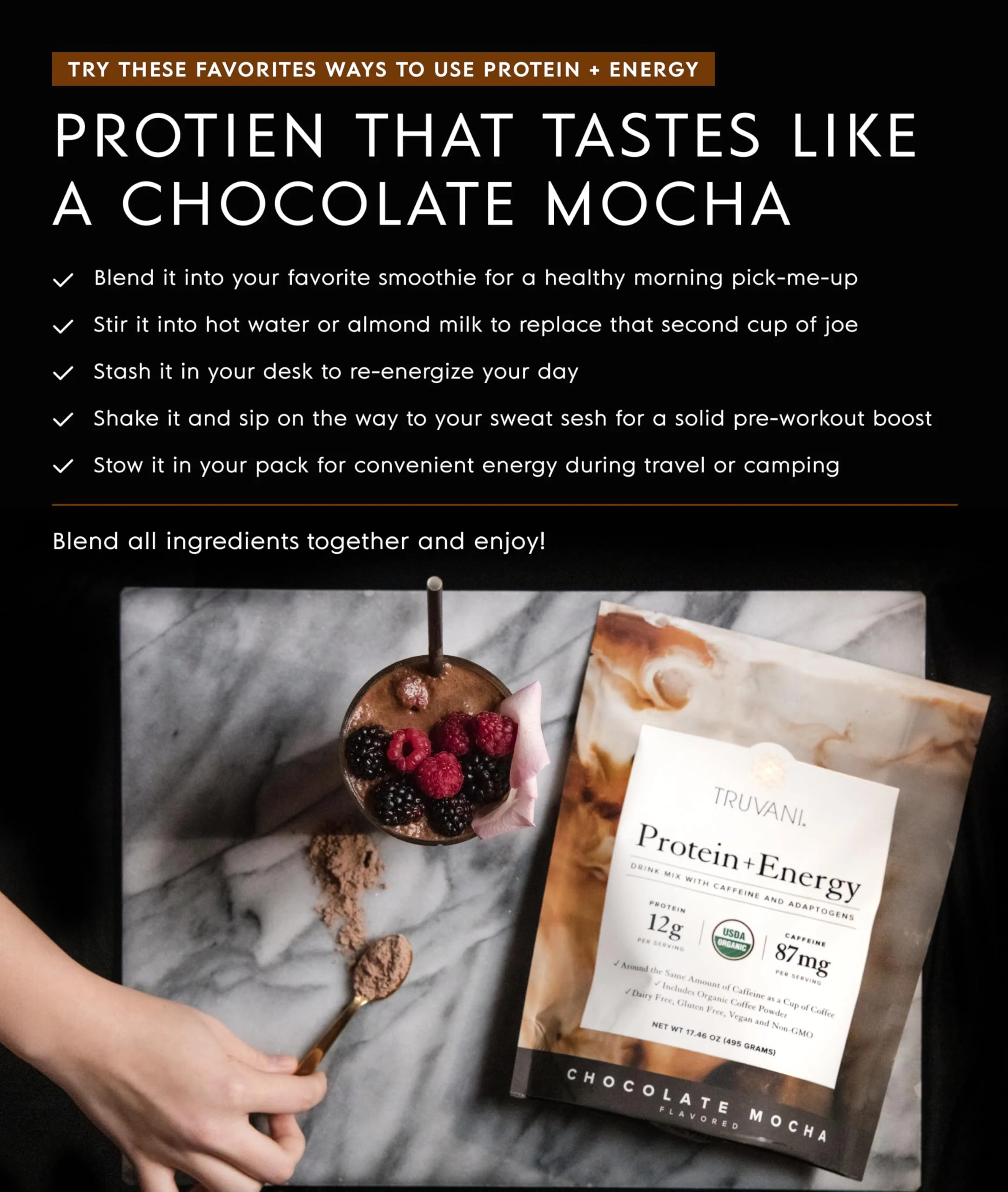 Truvani Protein + Energy Drink Mix with 87mg Caffeine | Chocolate Mocha | 12g Organic Plant Based Protein | 20 Servings | USDA Organic Coffee Powder & Adaptogens | Gluten & Dairy Free | Vegan - Image 4
