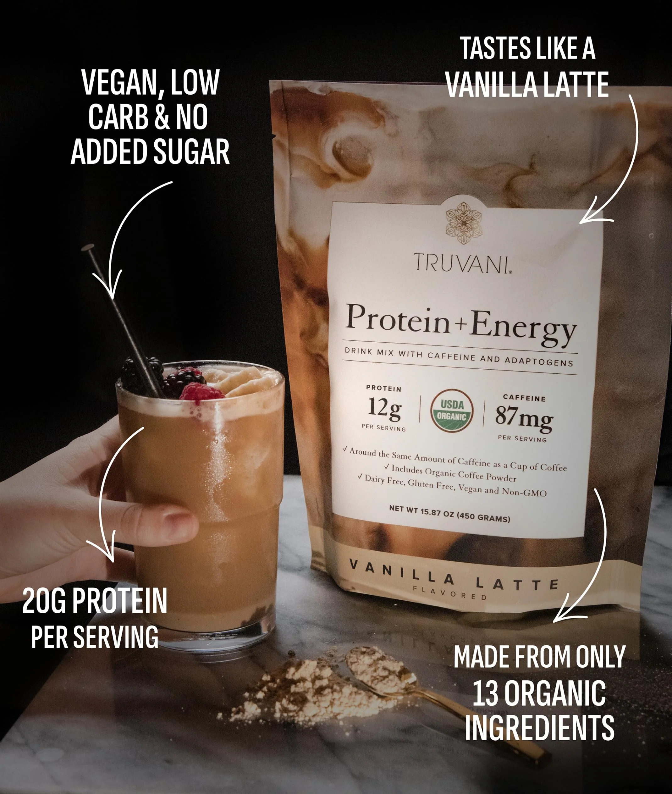 Truvani Protein + Energy Drink Mix with 87mg Caffeine | Vanilla Latte | 12g Organic Plant Based Protein | 20 Servings | USDA Organic Coffee Powder & Adaptogens | Gluten & Dairy Free | Vegan | Non-GMO - Image 8