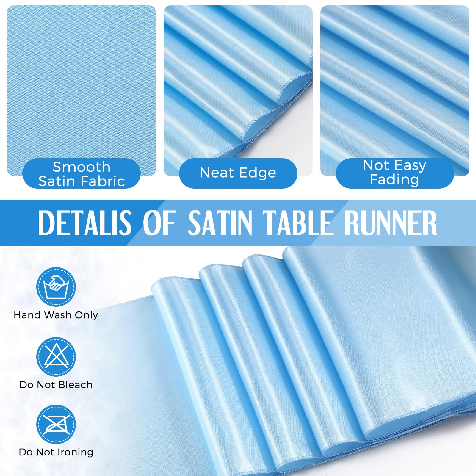 Tudomro 16 Pcs White and Light Blue Round Plastic Tablecloth and Satin Table Runner Set 84 Inch Round Covers 12 x 108 Inch Table Runners for Christmas Wedding Birthday Party Baby Shower - Image 4