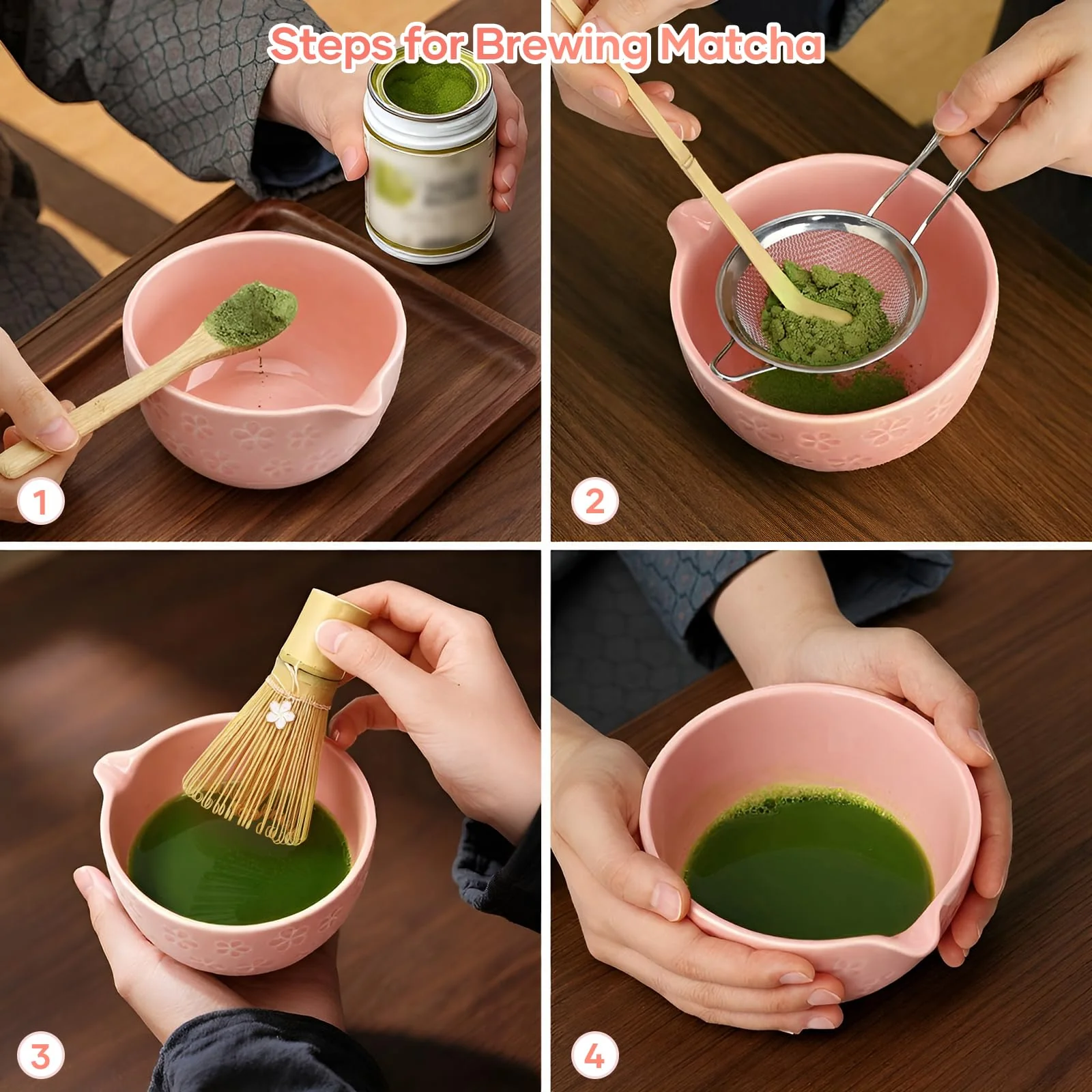 TUFGAM Matcha Whisk Set, Birthday Gifts for Women Mom Her, 8PCs Ceremony Matcha Tea Kit, 18OZ Matcha Bowl with Spout, Whisk, Bamboo Scoop, Sifter, Tea Towel, Ideal Gift for Christmas, Wedding - Image 4
