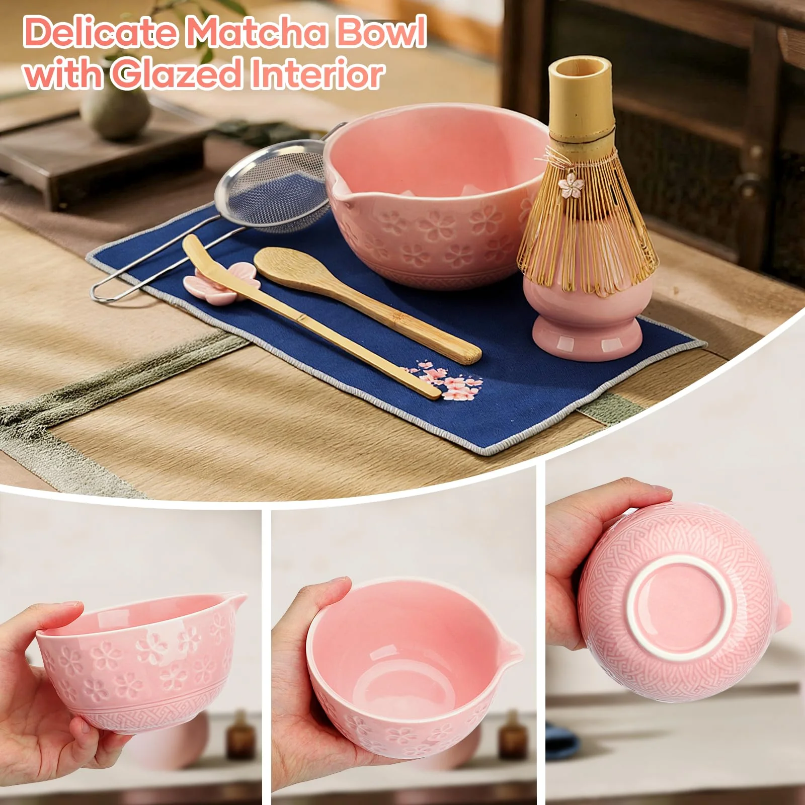 TUFGAM Matcha Whisk Set, Birthday Gifts for Women Mom Her, 8PCs Ceremony Matcha Tea Kit, 18OZ Matcha Bowl with Spout, Whisk, Bamboo Scoop, Sifter, Tea Towel, Ideal Gift for Christmas, Wedding - Image 5