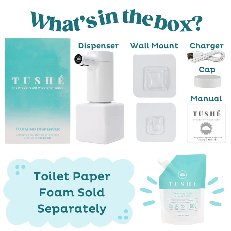 TUSHÉ Toilet Paper Foam Dispenser. Eco-Friendly Flushable Instant Wet Wipe Alternative. Touchless, Rechargeable, Waterproof. Plumbing & Septic Safe. 250ml (8.45 oz) - Image 2