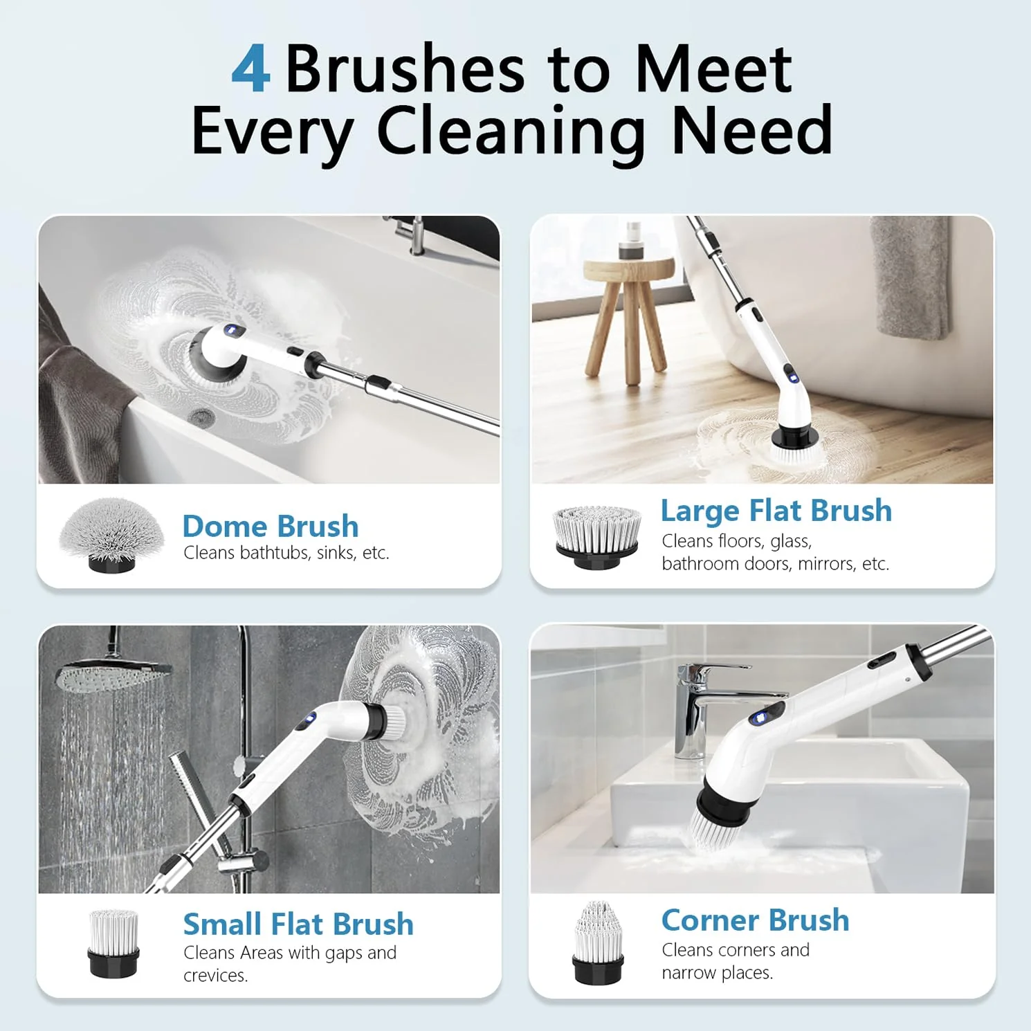 TUYU Electric Spin Scrubber, Full-Body IPX7 Waterproof Bathroom Scrubber with Power LCD Display, Adjustable Extension Handle, Cordless Shower Cleaner Brush for Bathtub Kitchen Wall Cleaning - Image 5