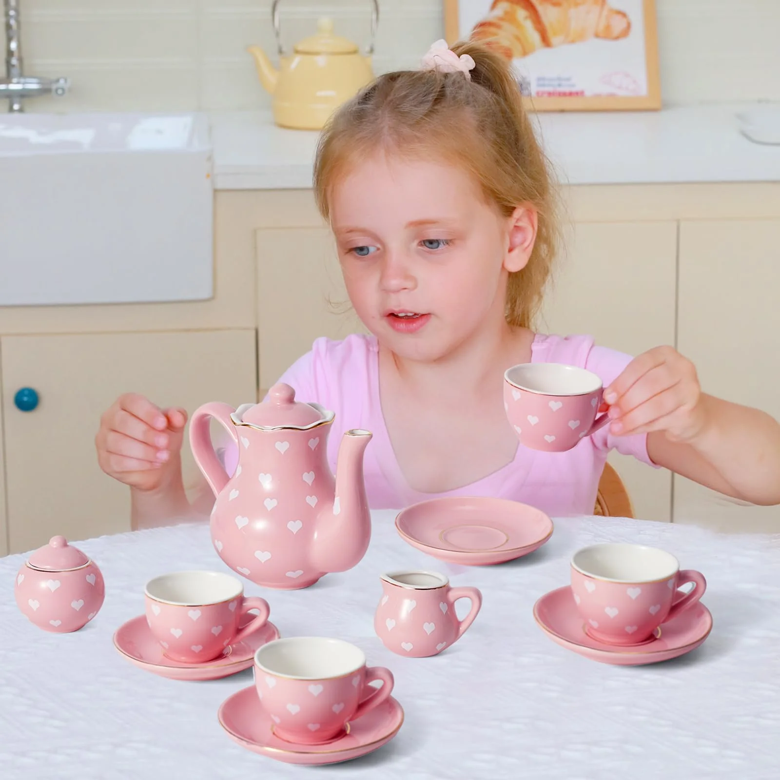 TUZT Porcelain Tea Party Set for Little Girls, Kids, Toddlers - 13Pcs Pink Heart Ceramic Set with Pot, Cups, Saucers & Carrying Case - Pretend Play Kitchen Toys - Christmas Birthday Gift for Girls - Image 2