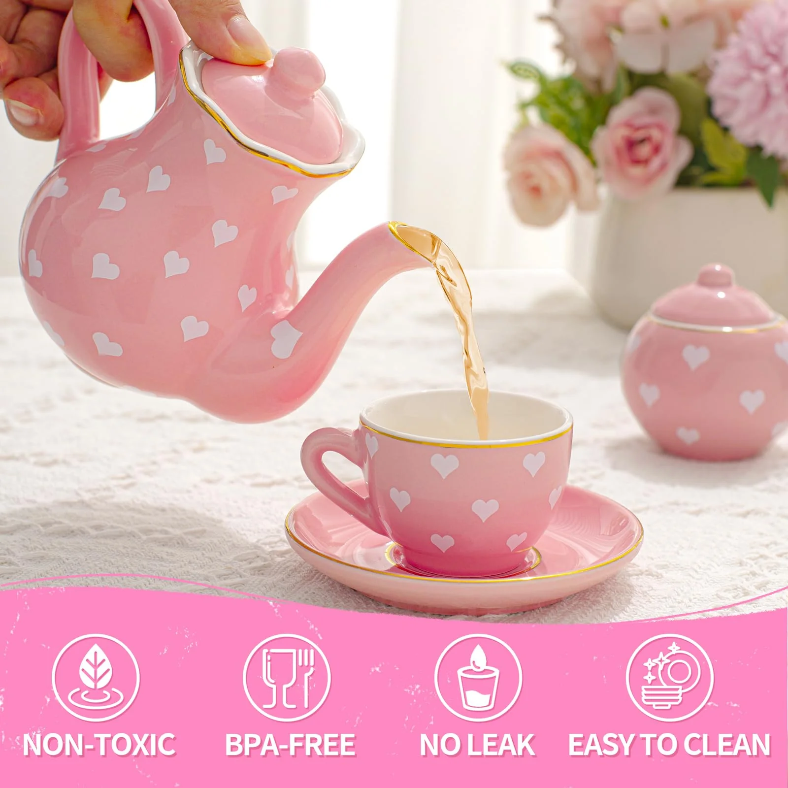 TUZT Porcelain Tea Party Set for Little Girls, Kids, Toddlers - 13Pcs Pink Heart Ceramic Set with Pot, Cups, Saucers & Carrying Case - Pretend Play Kitchen Toys - Christmas Birthday Gift for Girls - Image 3