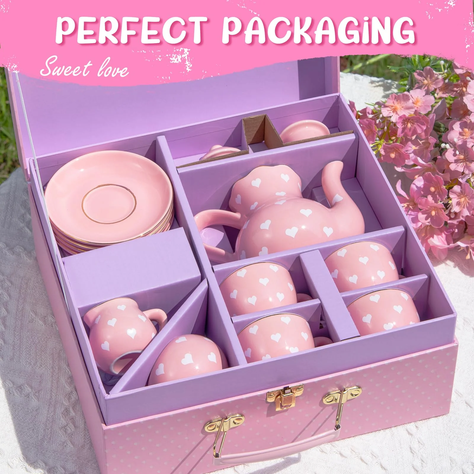 TUZT Porcelain Tea Party Set for Little Girls, Kids, Toddlers - 13Pcs Pink Heart Ceramic Set with Pot, Cups, Saucers & Carrying Case - Pretend Play Kitchen Toys - Christmas Birthday Gift for Girls - Image 4