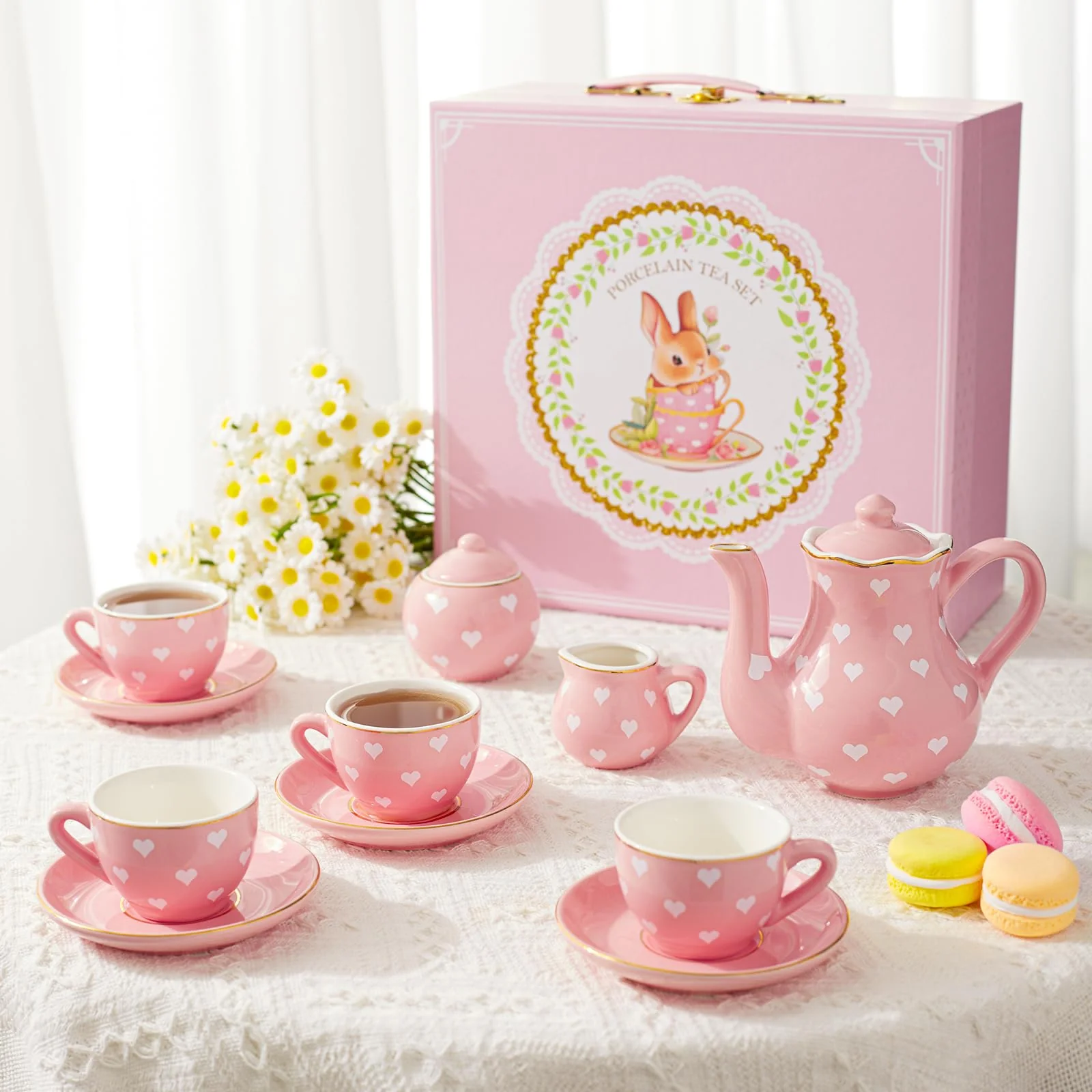 TUZT Porcelain Tea Party Set for Little Girls, Kids, Toddlers - 13Pcs Pink Heart Ceramic Set with Pot, Cups, Saucers & Carrying Case - Pretend Play Kitchen Toys - Christmas Birthday Gift for Girls - Image 5