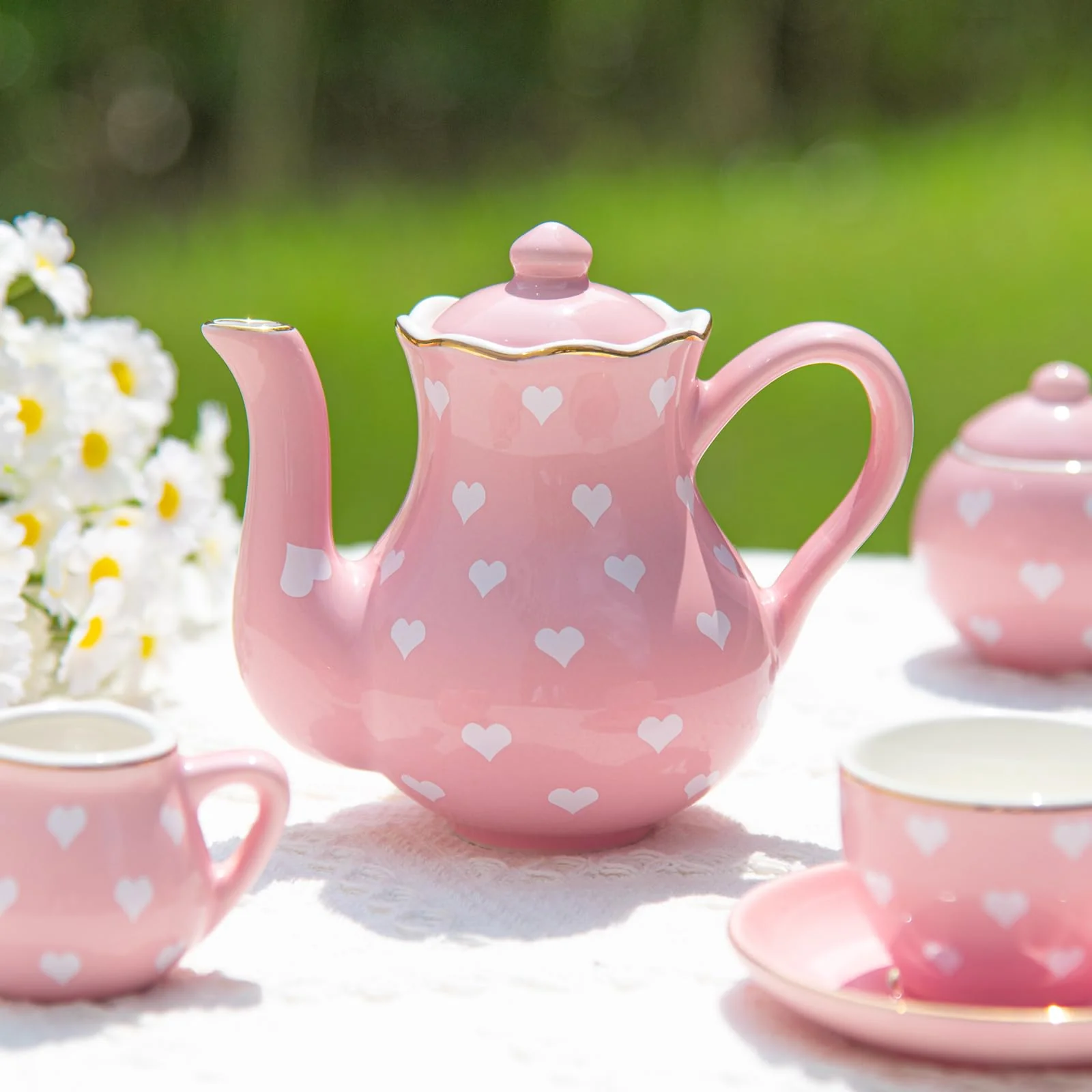 TUZT Porcelain Tea Party Set for Little Girls, Kids, Toddlers - 13Pcs Pink Heart Ceramic Set with Pot, Cups, Saucers & Carrying Case - Pretend Play Kitchen Toys - Christmas Birthday Gift for Girls - Image 7