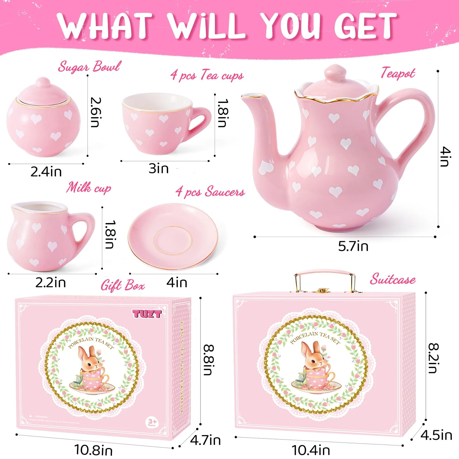 TUZT Porcelain Tea Party Set for Little Girls, Kids, Toddlers - 13Pcs Pink Heart Ceramic Set with Pot, Cups, Saucers & Carrying Case - Pretend Play Kitchen Toys - Christmas Birthday Gift for Girls - Image 8
