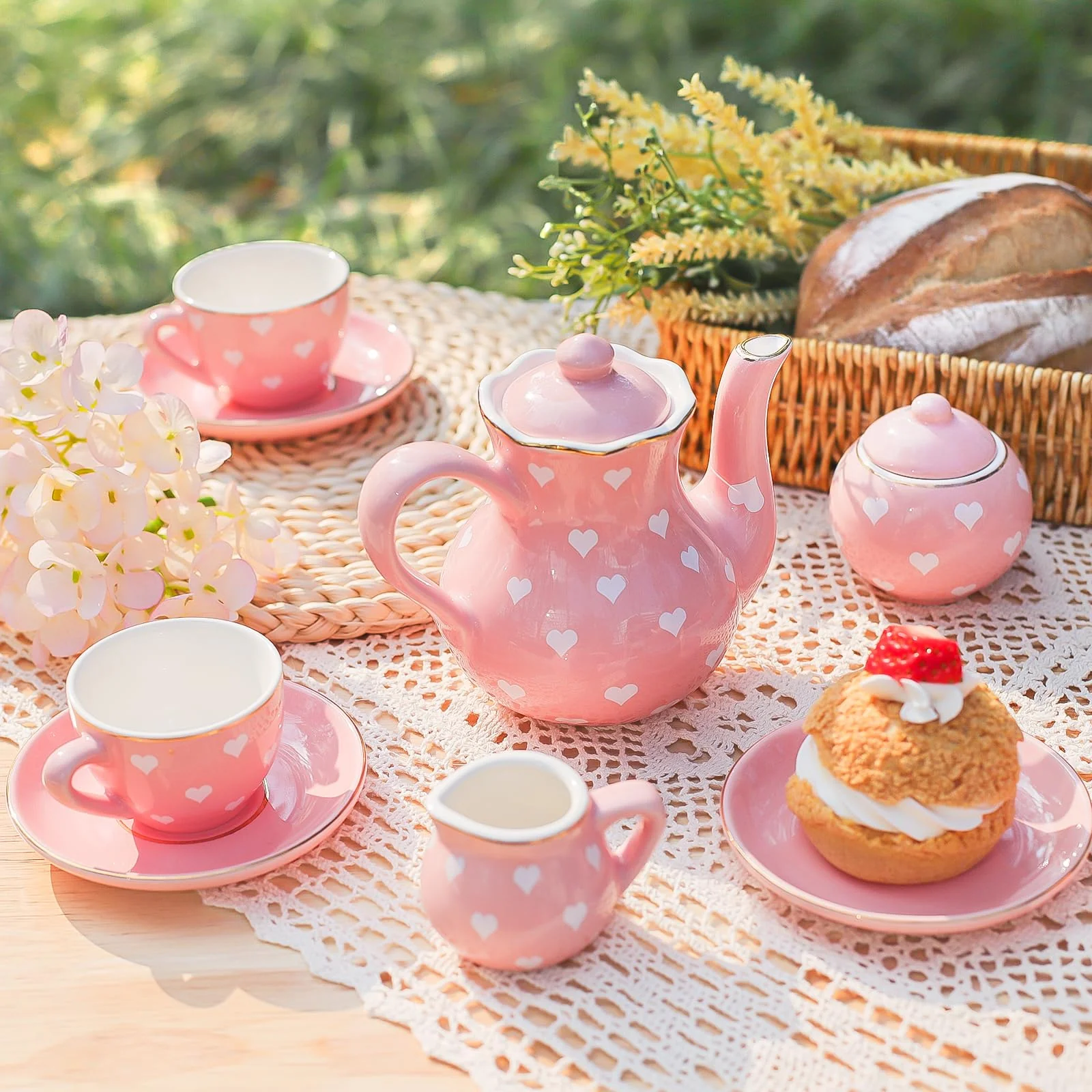 TUZT Porcelain Tea Party Set for Little Girls, Kids, Toddlers - 13Pcs Pink Heart Ceramic Set with Pot, Cups, Saucers & Carrying Case - Pretend Play Kitchen Toys - Christmas Birthday Gift for Girls - Image 9