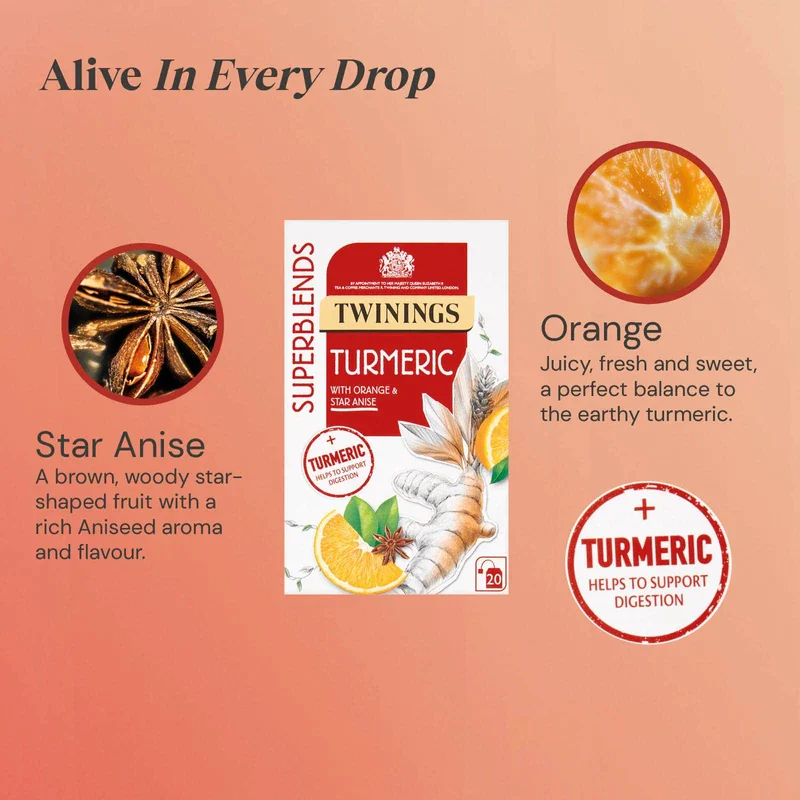 Twining Superblends Turmeric Tea - Orange & Star Anise Herbal Tea Infusion, Digestion Support After Meals, 80 x Biodegradable Tea Bags - Image 2