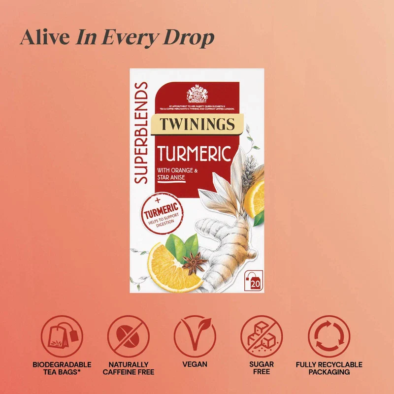 Twining Superblends Turmeric Tea - Orange & Star Anise Herbal Tea Infusion, Digestion Support After Meals, 80 x Biodegradable Tea Bags - Image 3