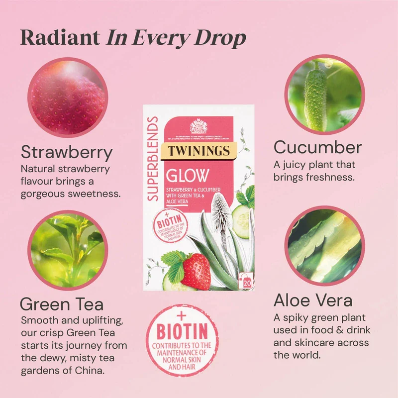 Twinings Superblends Glow Tea - Strawberry & Cucumber Green Tea with Aloe Vera & Biotin for Skincare & Hair Care, 80 x Biodegradable Tea Bags - Image 2