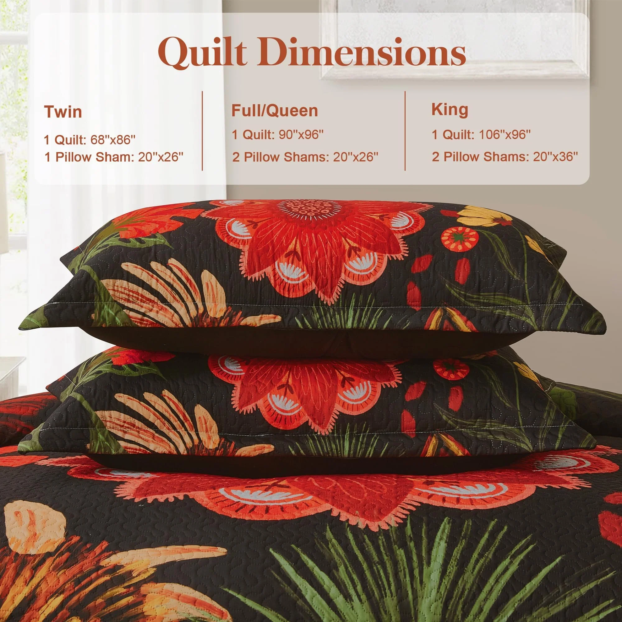 Tyrot 3 Piece Black Red Boho Floral Full/Queen Quilt Sets Farmhouse Christmas Reversible Lightweight Bedspread Coverlet with 2 Shams Mid Century Microfiber Bedding Quilts Set for All Season, 90''x96'' - Image 3