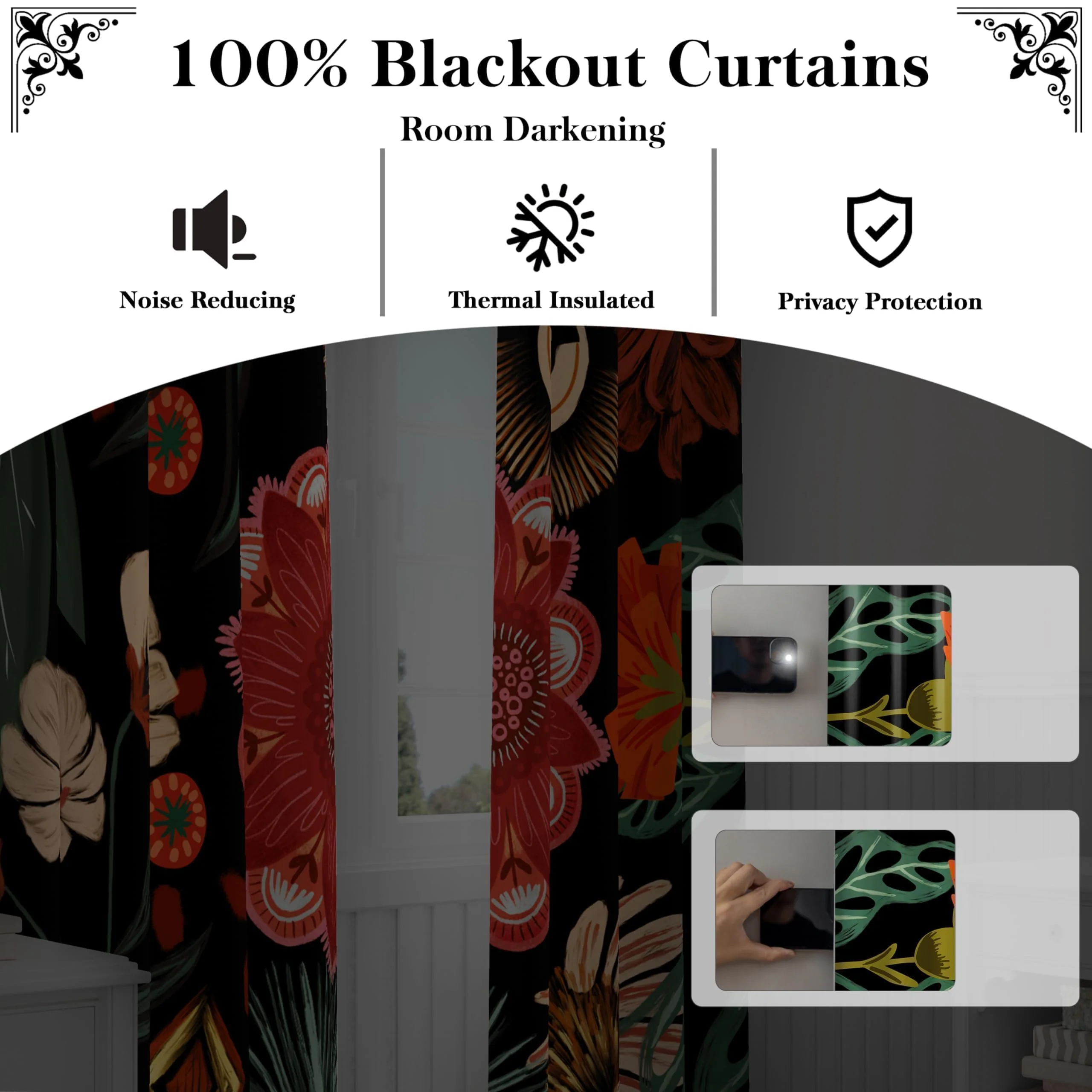 Tyrot Black Red Boho Floral 100% Blackout Curtains for Living Room 84 inch Long 2 Panels Christmas Black Out Curtains for Bedroom Grommet Thermal Insulated Room Darkening Window Drapes,52Wx84L - Image 6