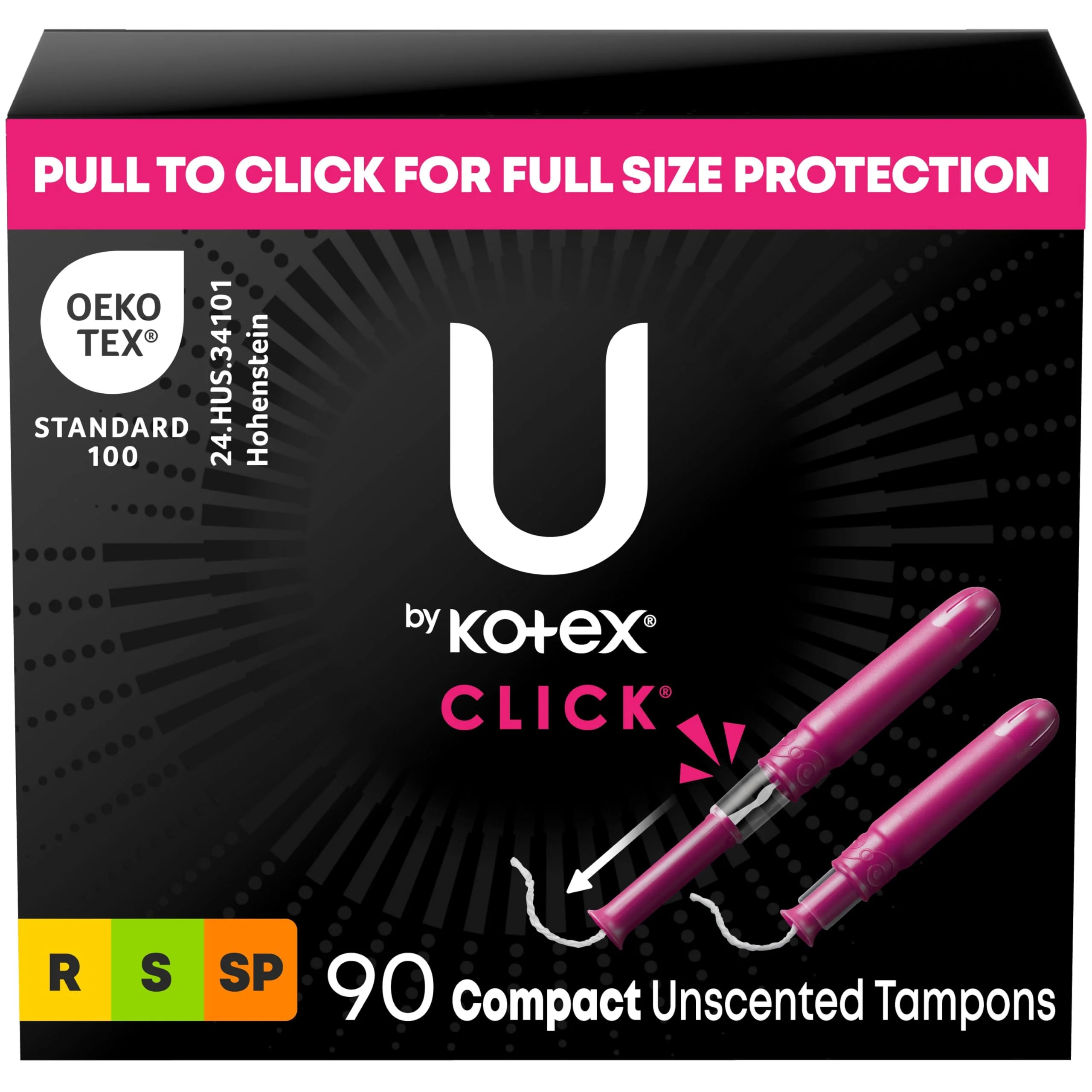 U by Kotex Click Multipack Tampons, Compact, Regular/Super Absorbency, Unscented, 90 Count (3 Packs of 30) (Packaging May Vary)
