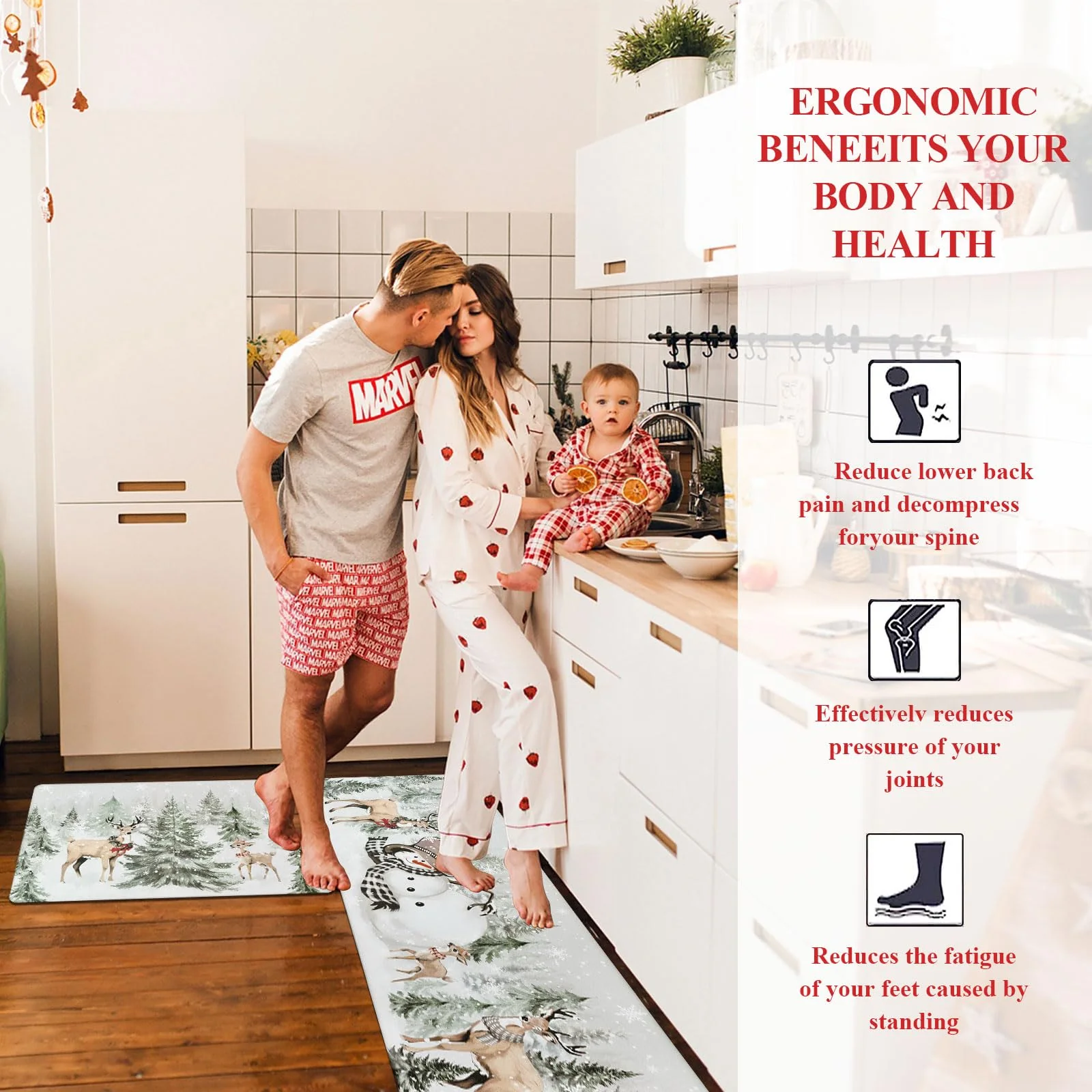 U'Artlines 2Pcs Christmas Anti Fatigue Kitchen Rugs and Mats, Christmas Tree Snowman Deer Non Slip Foam Cushioned Farmhouse Kitchen Floor Mats Comfort Standing Mats for Winter Home Decor Grey - Image 5