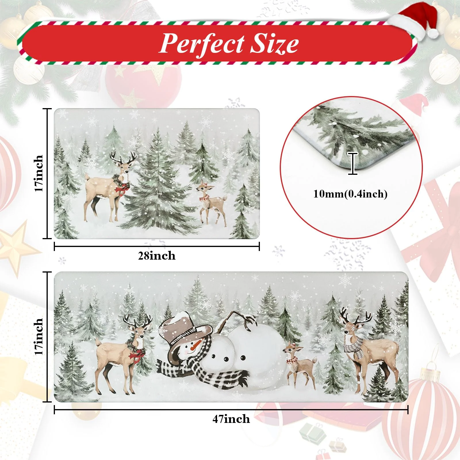U'Artlines 2Pcs Christmas Anti Fatigue Kitchen Rugs and Mats, Christmas Tree Snowman Deer Non Slip Foam Cushioned Farmhouse Kitchen Floor Mats Comfort Standing Mats for Winter Home Decor Grey - Image 8