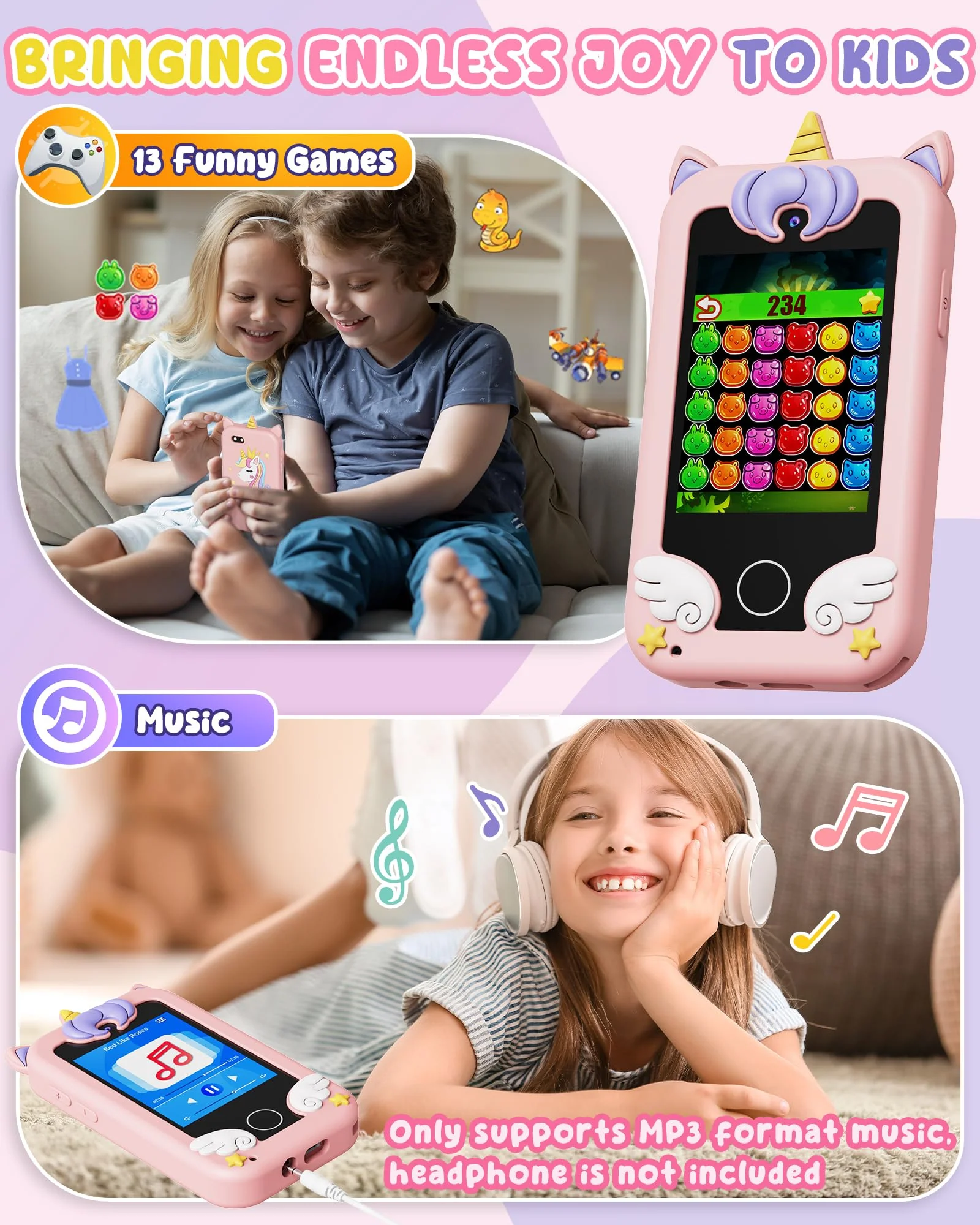 UCIDCI Unicorn Kids Smart Phone Toys for Girls Ages 3-7 with Dual Camera - Toddler Phone with Learning Games, Travel Toys with MP3 Music Player for Christmas, Birthday Gifts for 3 4 5 6 7 Year Old - Image 6