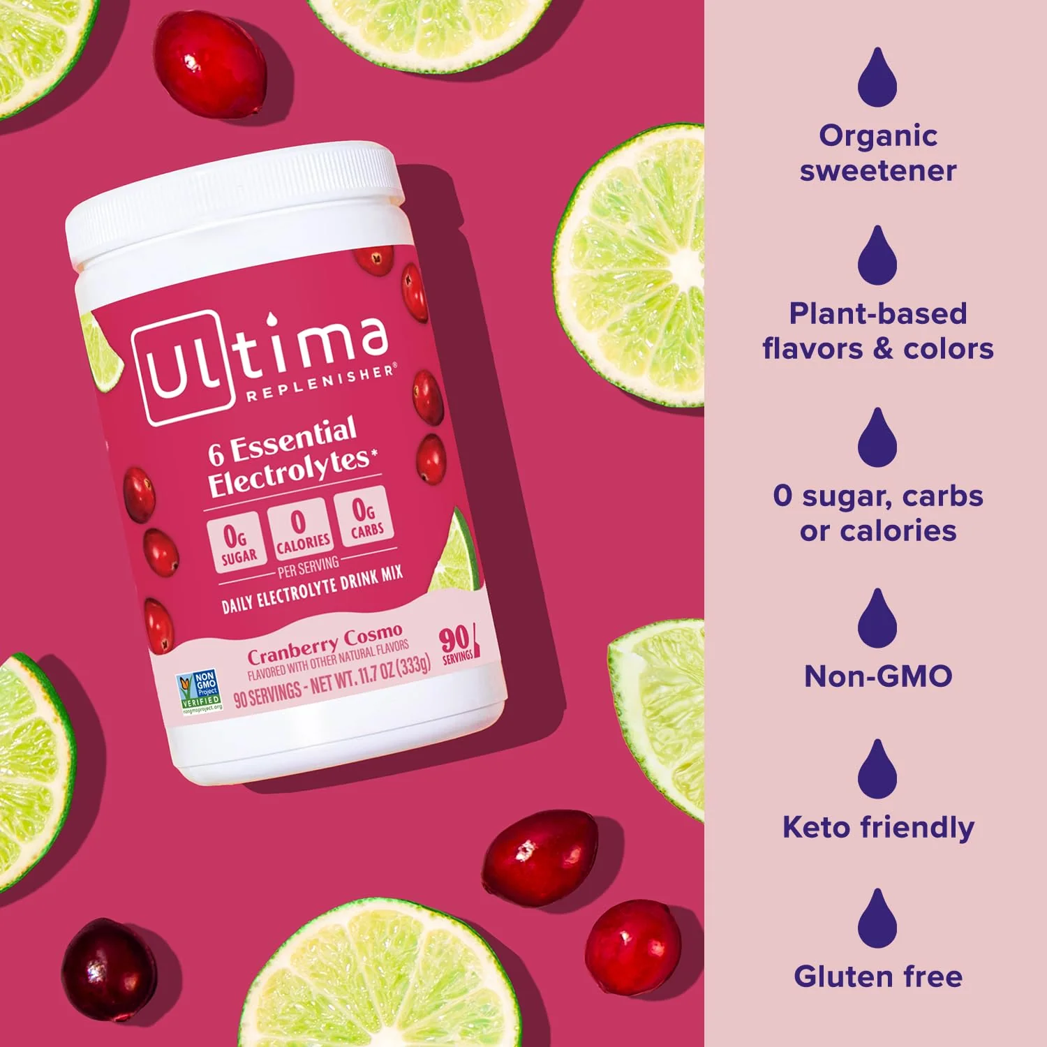 Ultima Replenisher Daily Electrolyte Powder Drink Mix – Sugar Free – Cranberry Cosmo, 90 Servings – Hydration Powder with 6 Key Electrolytes and Trace Minerals – Keto Friendly, Non-GMO - Image 4