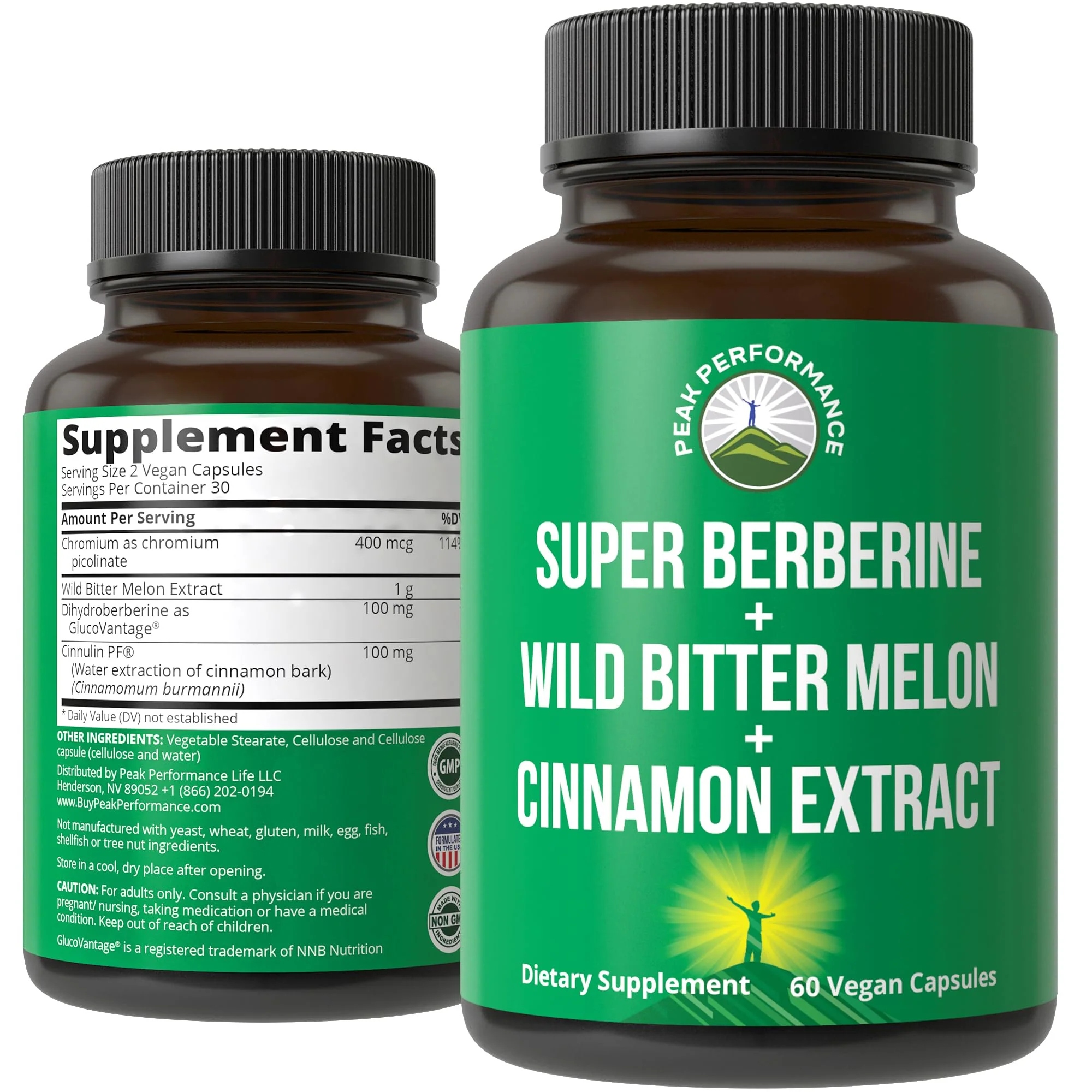 Ultra High Strength 4-In-1 Super Berberine Patented GlucoVantage + Wild Bitter Melon + Cinnamon Extract + Chromium Picolinate Vegan Capsules. Great Supplement to Support After-Meal Spikes and Energy
