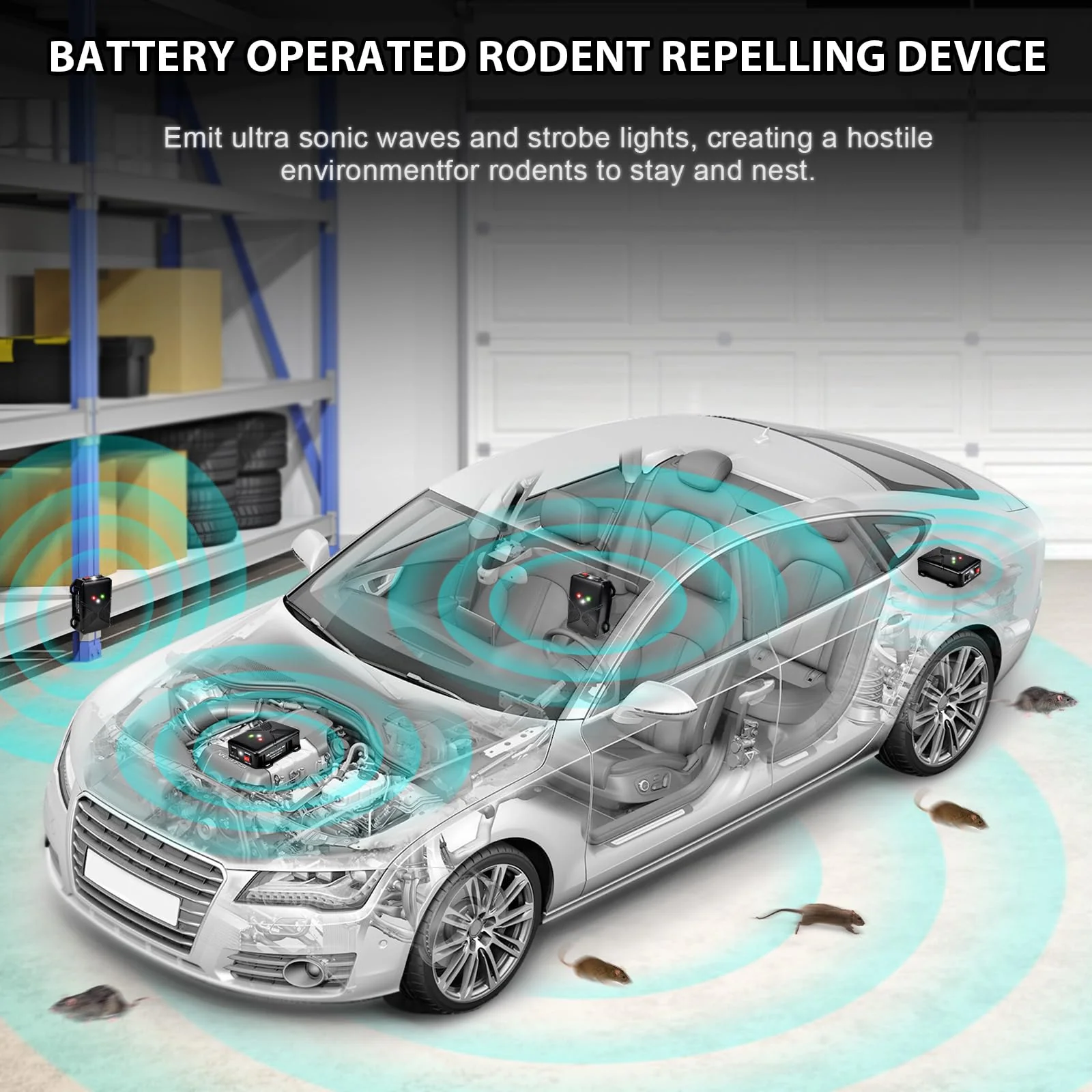 Ultrasonic Rodent Repellent for Car Engine - Battery Powered Under Hood Animal Repeller with Flashing Strobe Light, Keeps Rats and Mice Away from Vehicle, Automobile, Truck, Garage, Attic, Pack of 2 - Image 6