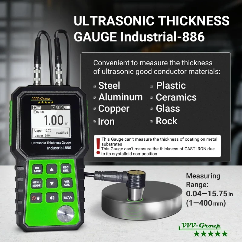 Ultrasonic Thickness Tester Industrial-886 / Digital Metals Thickness Gauge with Range 0.04-15.75in(1-400mm) / Industrial Measuring Instrument - Image 4
