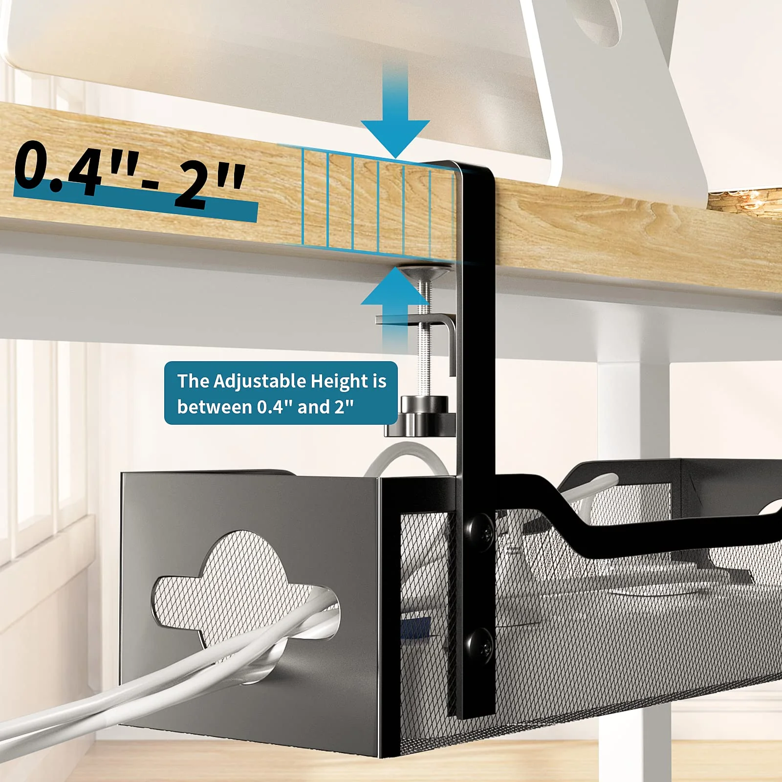 Under Desk Cable Management Tray No Drill, Metal Mesh Cable Management Under Desk with Clamp Mount, 2 Hole Cable Tray with Wire Management and Cord Organizer for Home Office Standing Desk - Image 6