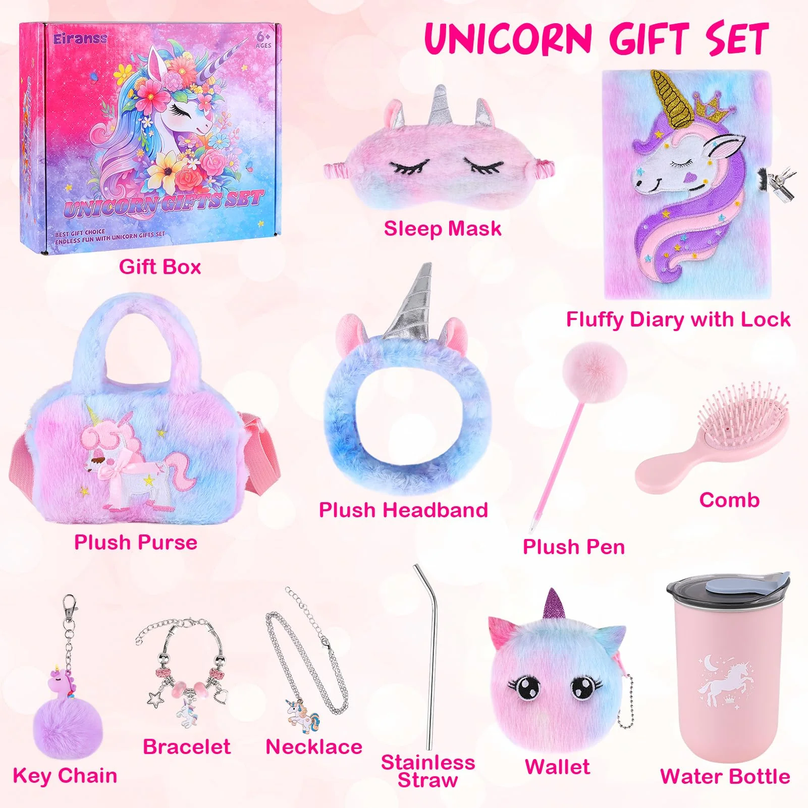 Unicorns Gifts for Girls 4 5 6 7 8 9 10+ Years Old with Unicorns Handbag Purse/Diary with Lock/Headband/Eye Mask/Water Bottle, Kids Unicorn Toy Soft Plush Toys Set for Birthday Gifts Christmas - Image 5