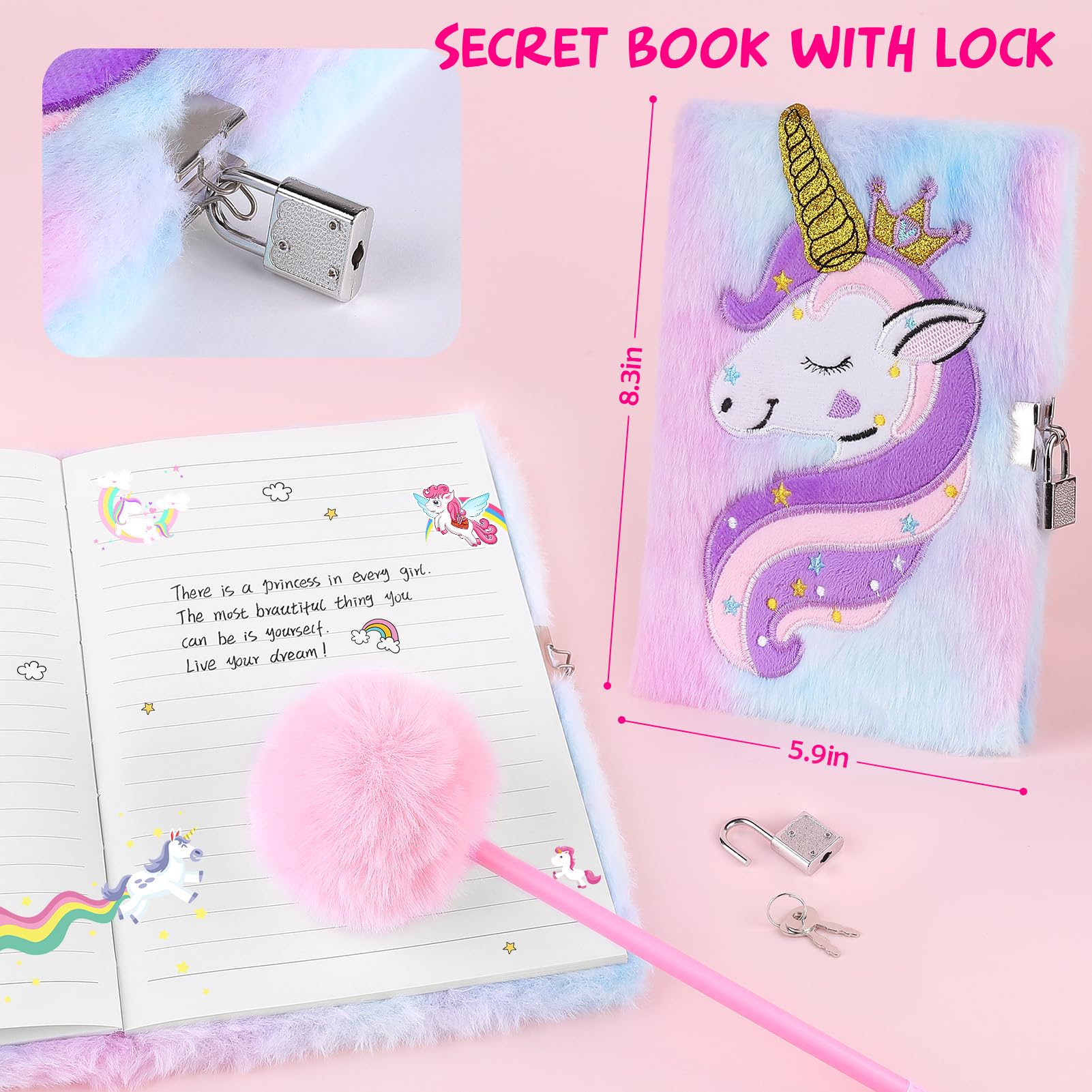 Unicorns Gifts for Girls 4 5 6 7 8 9 10+ Years Old with Unicorns Handbag Purse/Diary with Lock/Headband/Eye Mask/Water Bottle, Kids Unicorn Toy Soft Plush Toys Set for Birthday Gifts Christmas - Image 6