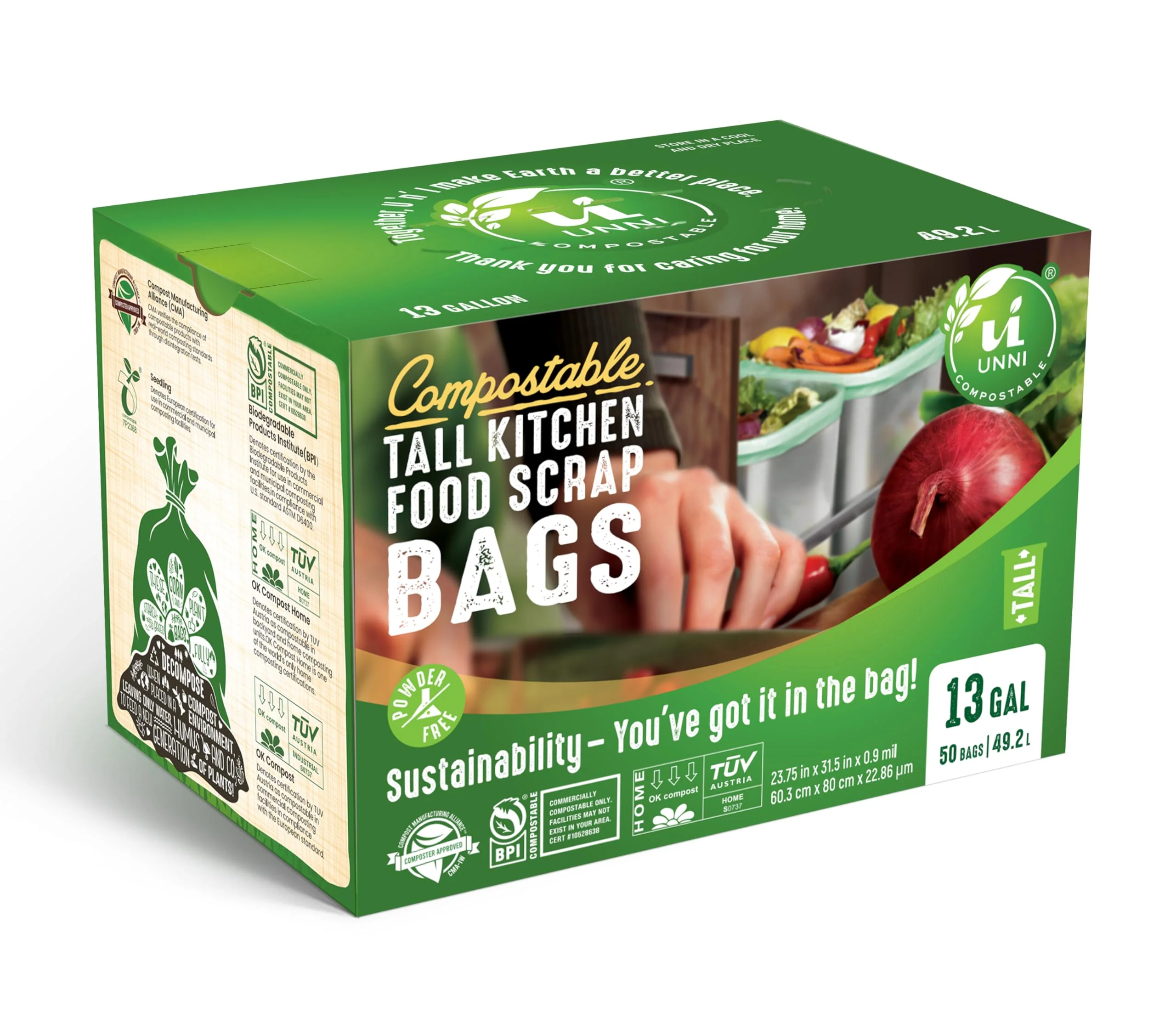 UNNI Compostable Liner Bags, 13 Gallon, 49.2 Liter, 200 Count, Heavy Duty 0.9 Mil, Tall Kitchen Food Scrap Waste Bags, ASTM D6400, US BPI, CMA and Europe OK compost HOME Certified, San Francisco - Image 2