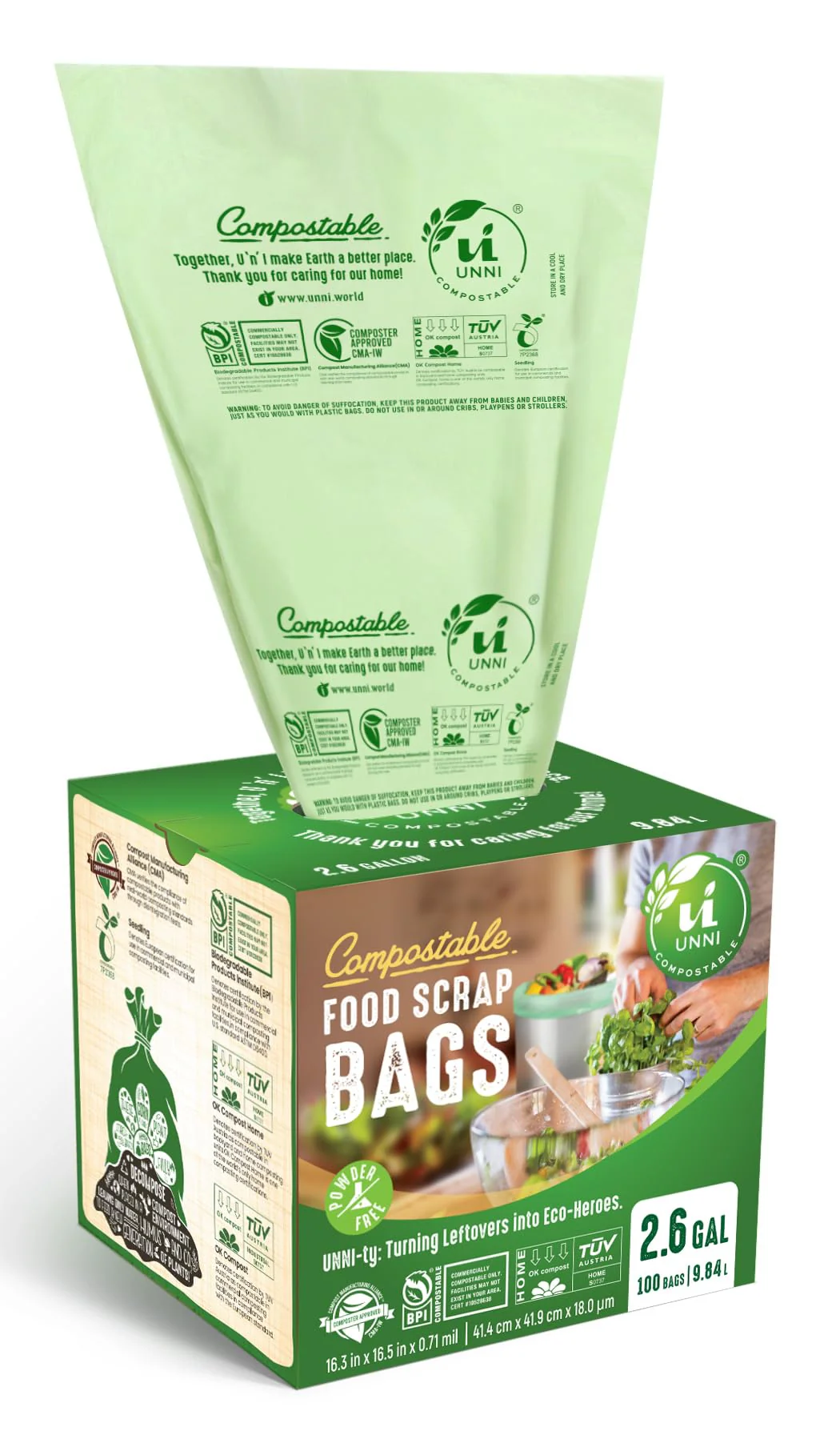 UNNI Compostable Liner Bags, 2.6 Gallon, 9.84 Liter, Extra Thick 0.71 Mil, 600 Count, Small Kitchen Food Scrap Waste Bags, ASTM D6400, US BPI, CMA and Europe OK compost HOME Certified, San Francisco