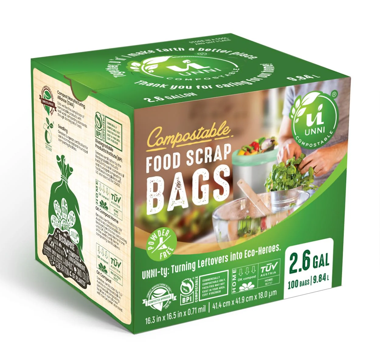 UNNI Compostable Liner Bags, 2.6 Gallon, 9.84 Liter, Extra Thick 0.71 Mil, 600 Count, Small Kitchen Food Scrap Waste Bags, ASTM D6400, US BPI, CMA and Europe OK compost HOME Certified, San Francisco - Image 2