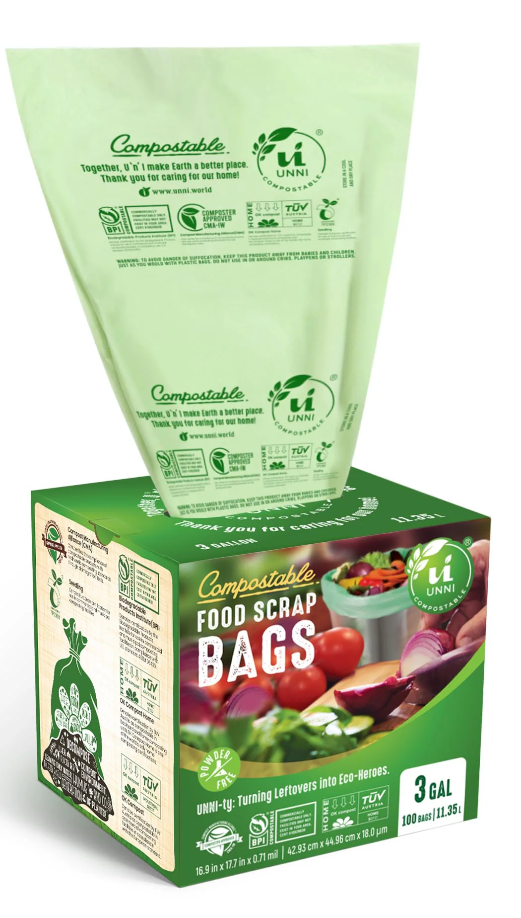 UNNI Compostable Liner Bags, 3 Gallon, 11.35 Liter, 200 Count, Extra Thick 0.71 Mil, Small Kitchen Food Scrap Waste Bags, ASTM D6400, US BPI, CMA and Europe OK compost HOME Certified, San Francisco