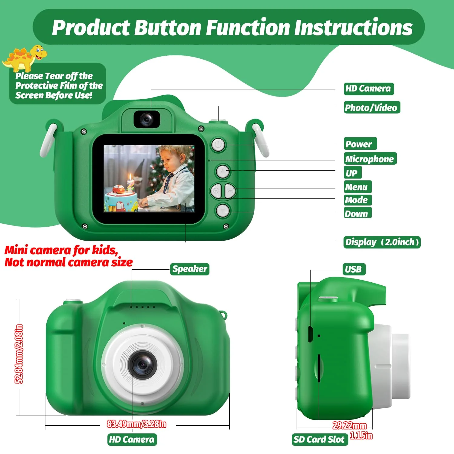 Upgrade Dinosaur Kids Camera, Christmas Birthday Gifts for Girls Boys 3-12, 1080P HD Selfie Digital Video Camera for Toddlers, Cute Portable Little Girls Boys Gifts Toys for 3 4 5 6 7 8 9 Years Old - Image 2