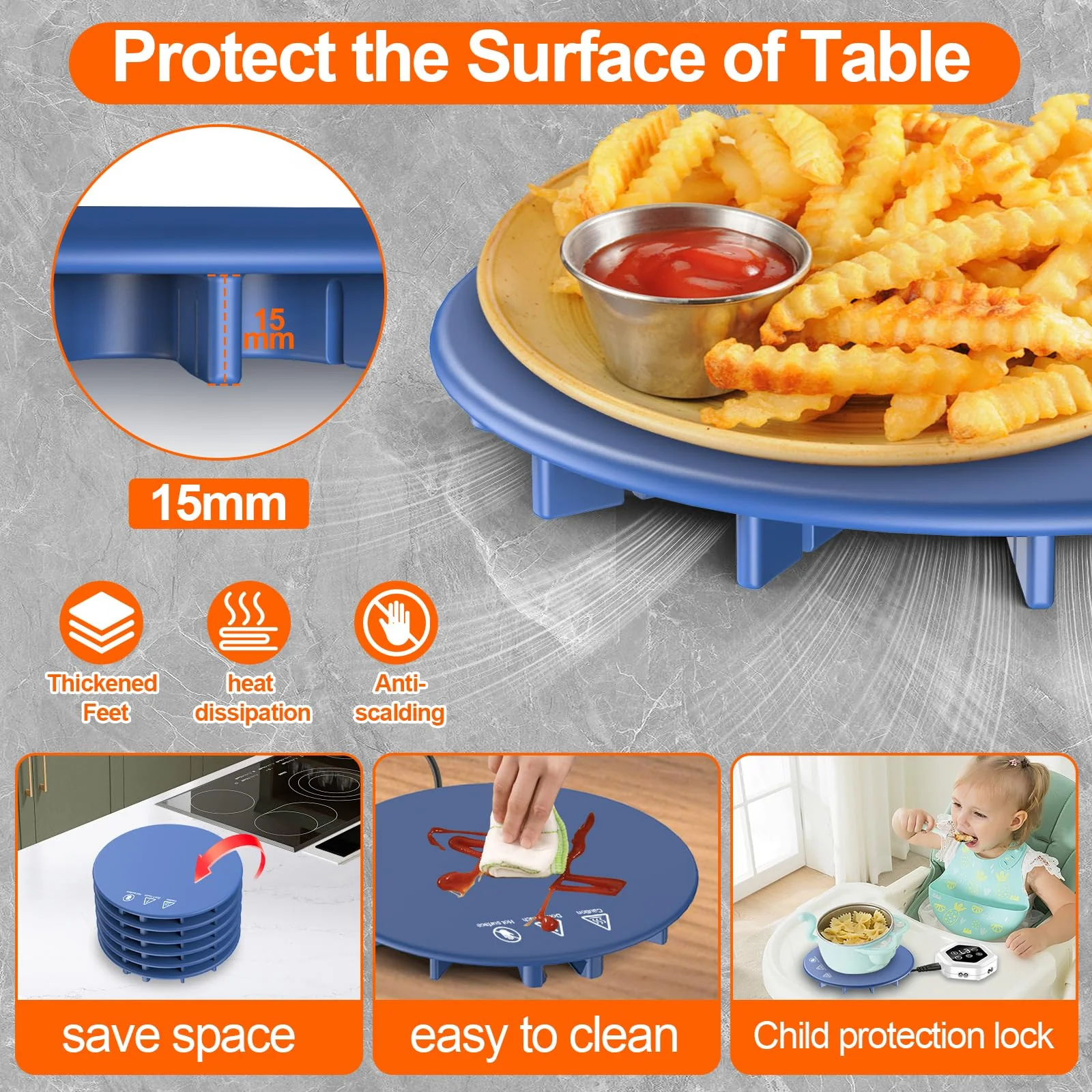 Upgrade Food Warming Mat,6-in-1 Silicone Warming Mat for Food-Fast Heating Electric Warming Tray with 3 Timer & Temp Settings,Portable Food Warmer for Parties Buffet,Raised Feet Protects Table (Blue) - Image 4