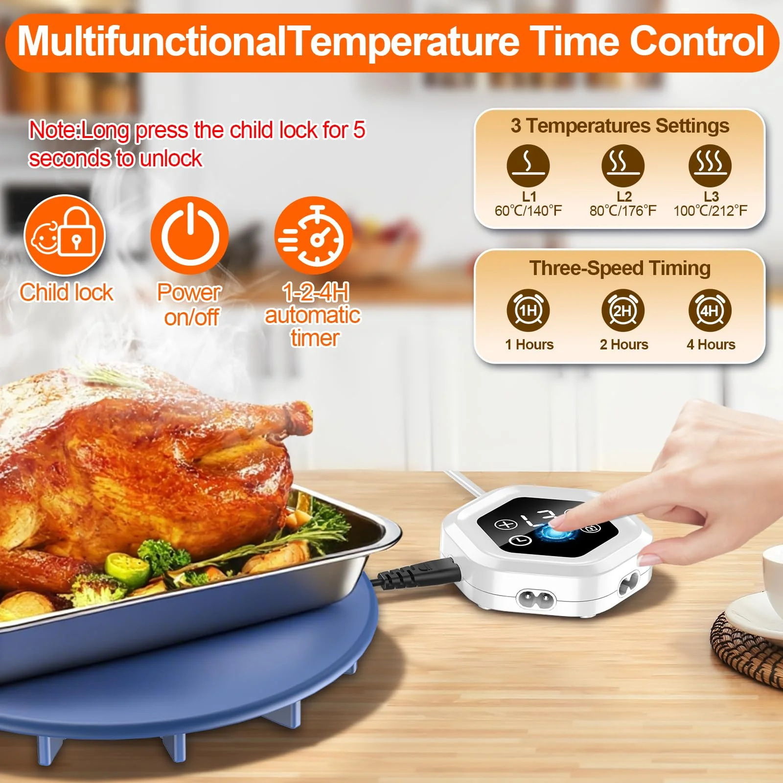 Upgrade Food Warming Mat,6-in-1 Silicone Warming Mat for Food-Fast Heating Electric Warming Tray with 3 Timer & Temp Settings,Portable Food Warmer for Parties Buffet,Raised Feet Protects Table (Blue) - Image 6