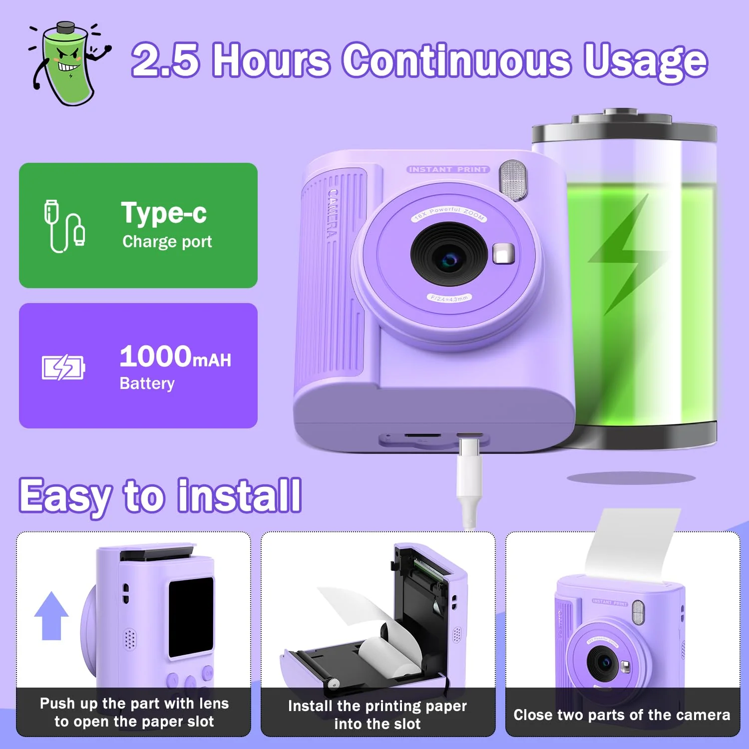 Upgrade Kids Camera Instant Print for Ages 3-12, Portable Instant Print Camera with HD Digital Video, Perfect Christmas Birthday Gift for Boys & Girls, Includes 32GB SD Card - Purple - Image 3
