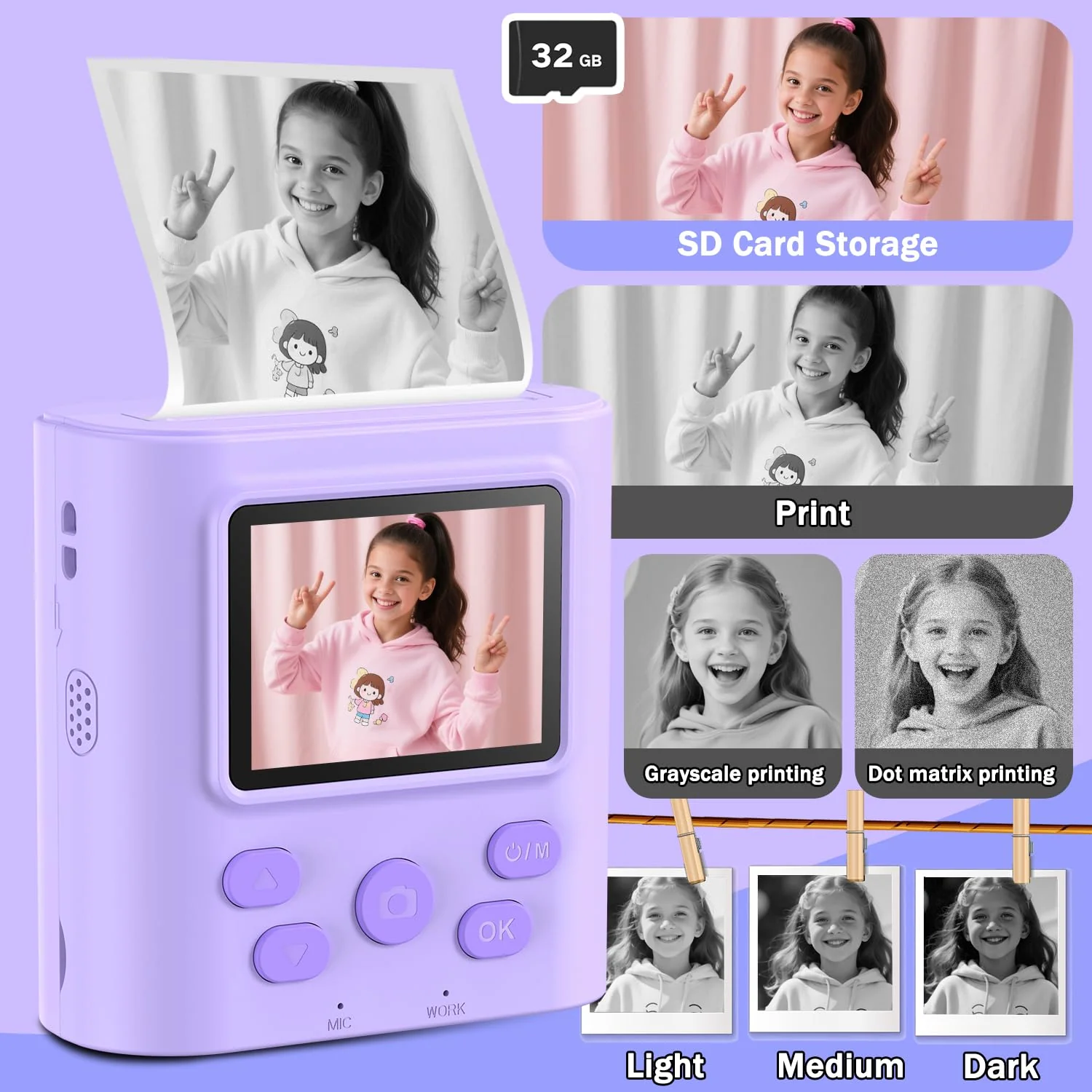 Upgrade Kids Camera Instant Print for Ages 3-12, Portable Instant Print Camera with HD Digital Video, Perfect Christmas Birthday Gift for Boys & Girls, Includes 32GB SD Card - Purple - Image 5