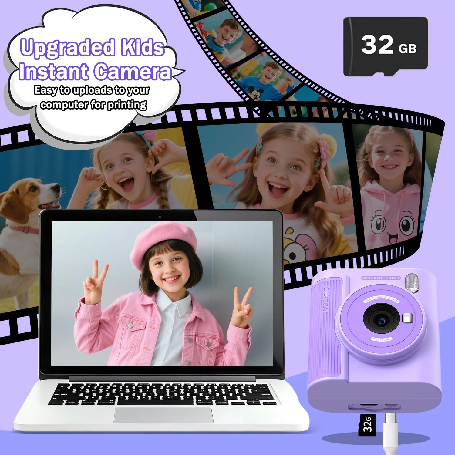 Upgrade Kids Camera Instant Print for Ages 3-12, Portable Instant Print Camera with HD Digital Video, Perfect Christmas Birthday Gift for Boys & Girls, Includes 32GB SD Card - Purple - Image 6