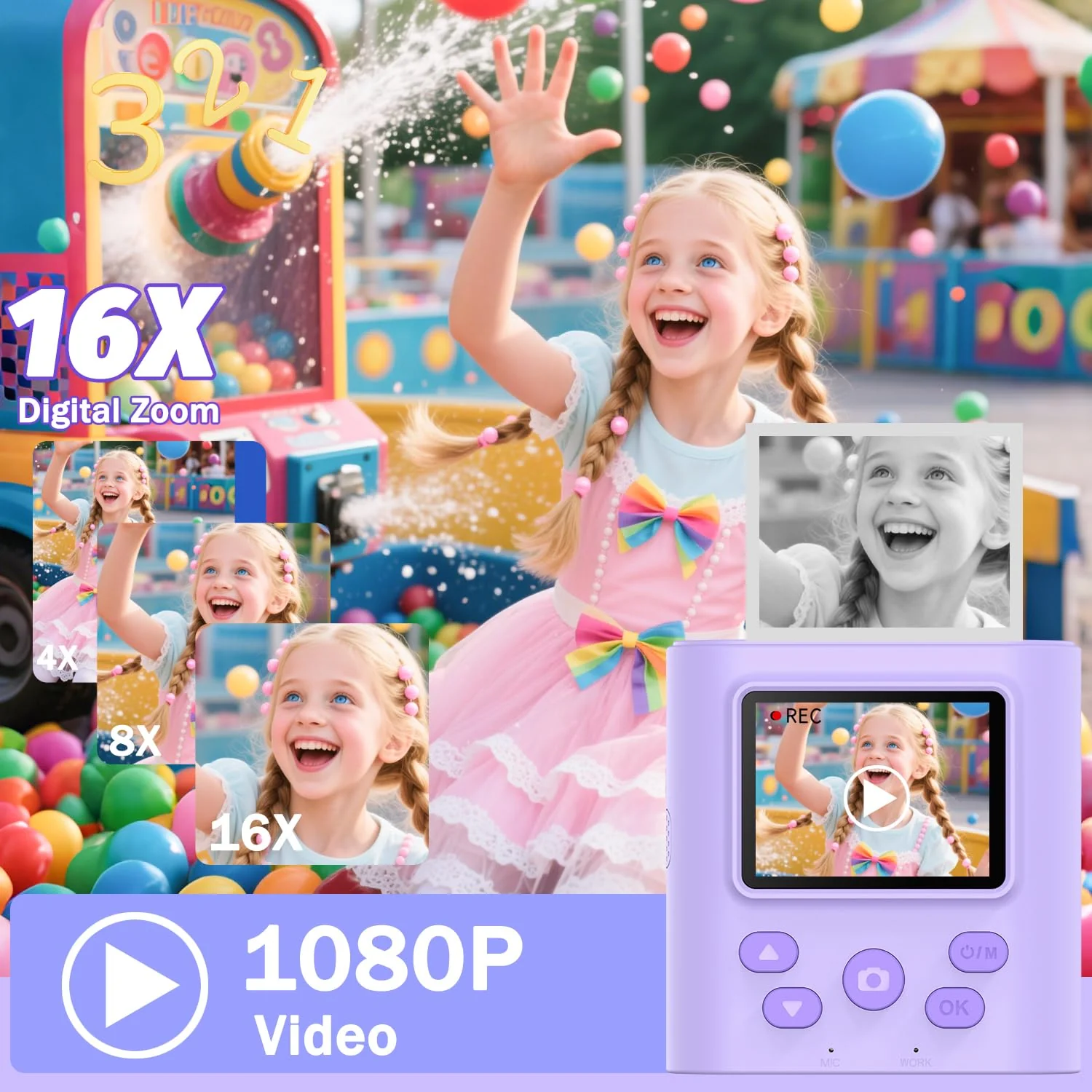 Upgrade Kids Camera Instant Print for Ages 3-12, Portable Instant Print Camera with HD Digital Video, Perfect Christmas Birthday Gift for Boys & Girls, Includes 32GB SD Card - Purple - Image 7