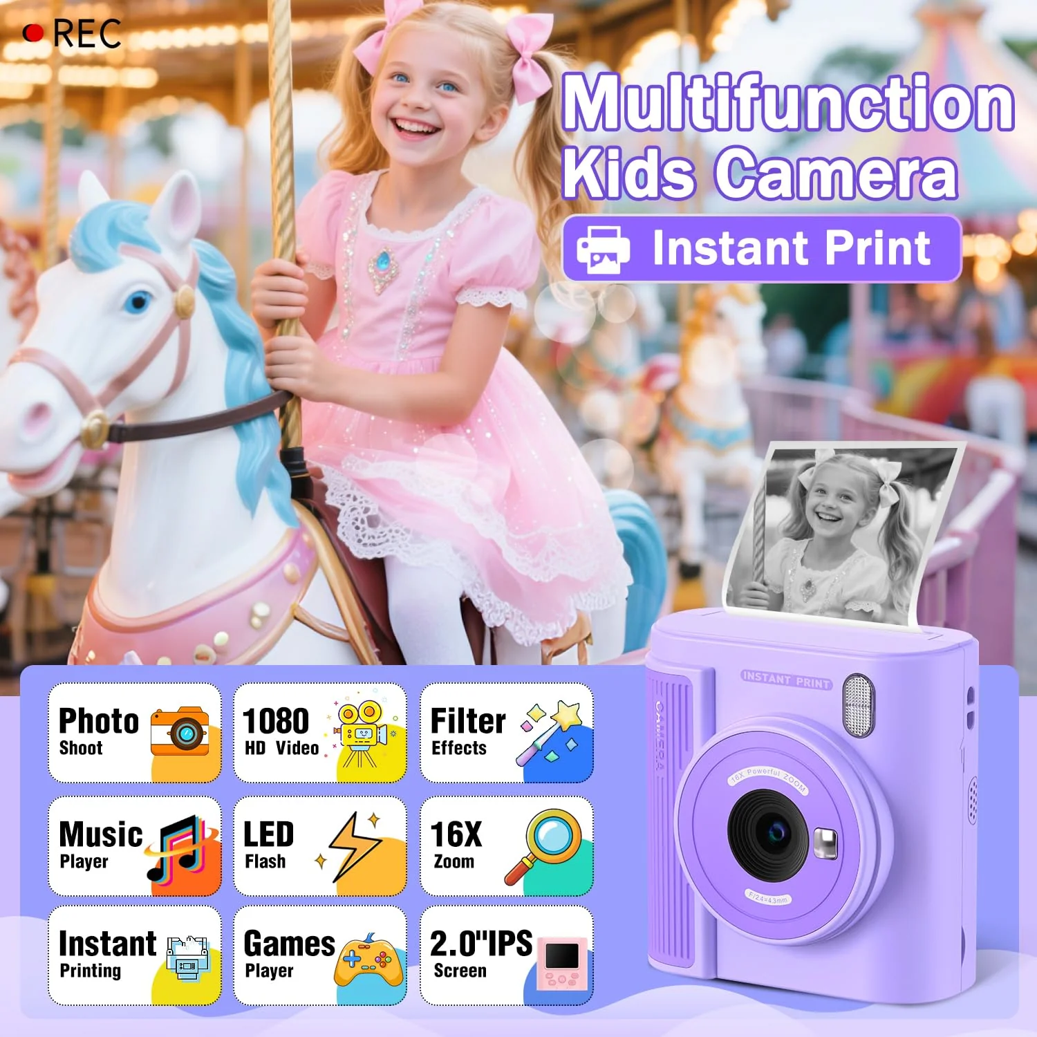 Upgrade Kids Camera Instant Print for Ages 3-12, Portable Instant Print Camera with HD Digital Video, Perfect Christmas Birthday Gift for Boys & Girls, Includes 32GB SD Card - Purple - Image 8