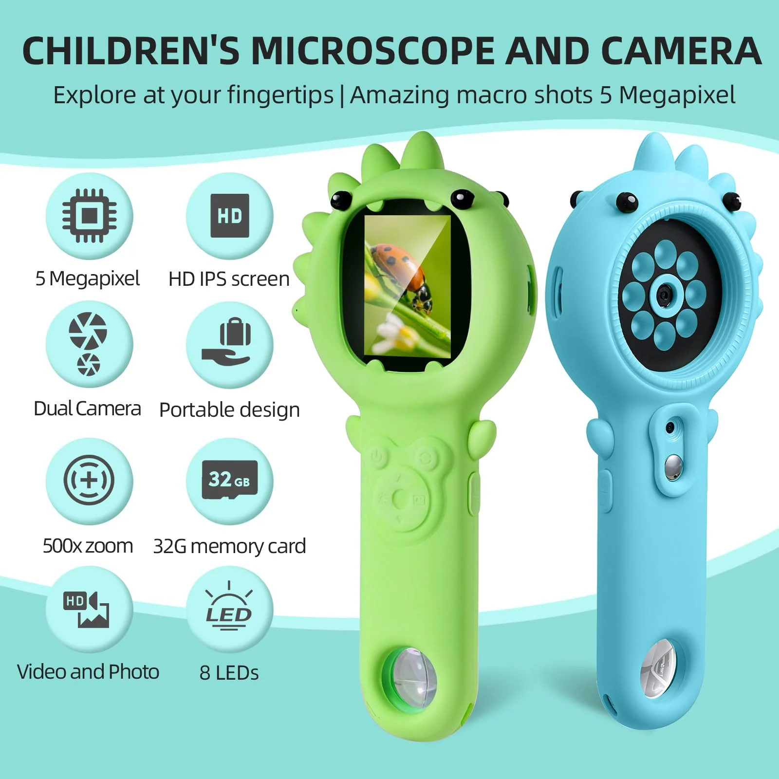 URMMIY Kids Microscope – 500X Digital Pocket Handheld Microscope with Dual Cameras & Autofocus, STEM Educational Toy & Perfect Christmas Birthday Gift for Boys & Girls Ages 3 4 5 6 7 8 9 10 (Green) - Image 6