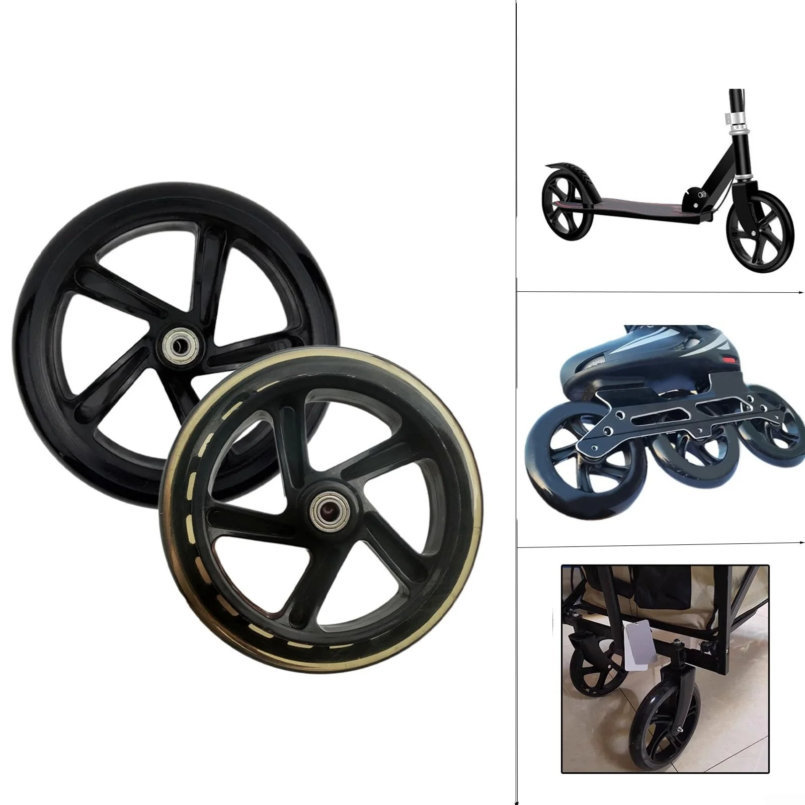 URPIZY Pack of 2 Scooter Tyres Replacement Tyres, 125mm - 200mm Scooter Wheels Pu City Scooter Wheels with Bearings, Skates Wagon Cart Trolley Wheel(180mm*30mm Black) - Image 6