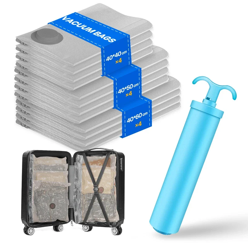 Vacbird Vacuum Bags for Clothes Travel, Pack of 12 Vacuum Bags with Pump (4 x 40 x 40 cm, 4 x 40 x 50 cm, 4 x 40 x 60 cm), Reusable, Suitable for Moving, Travel and Storing Seasonal Clothing