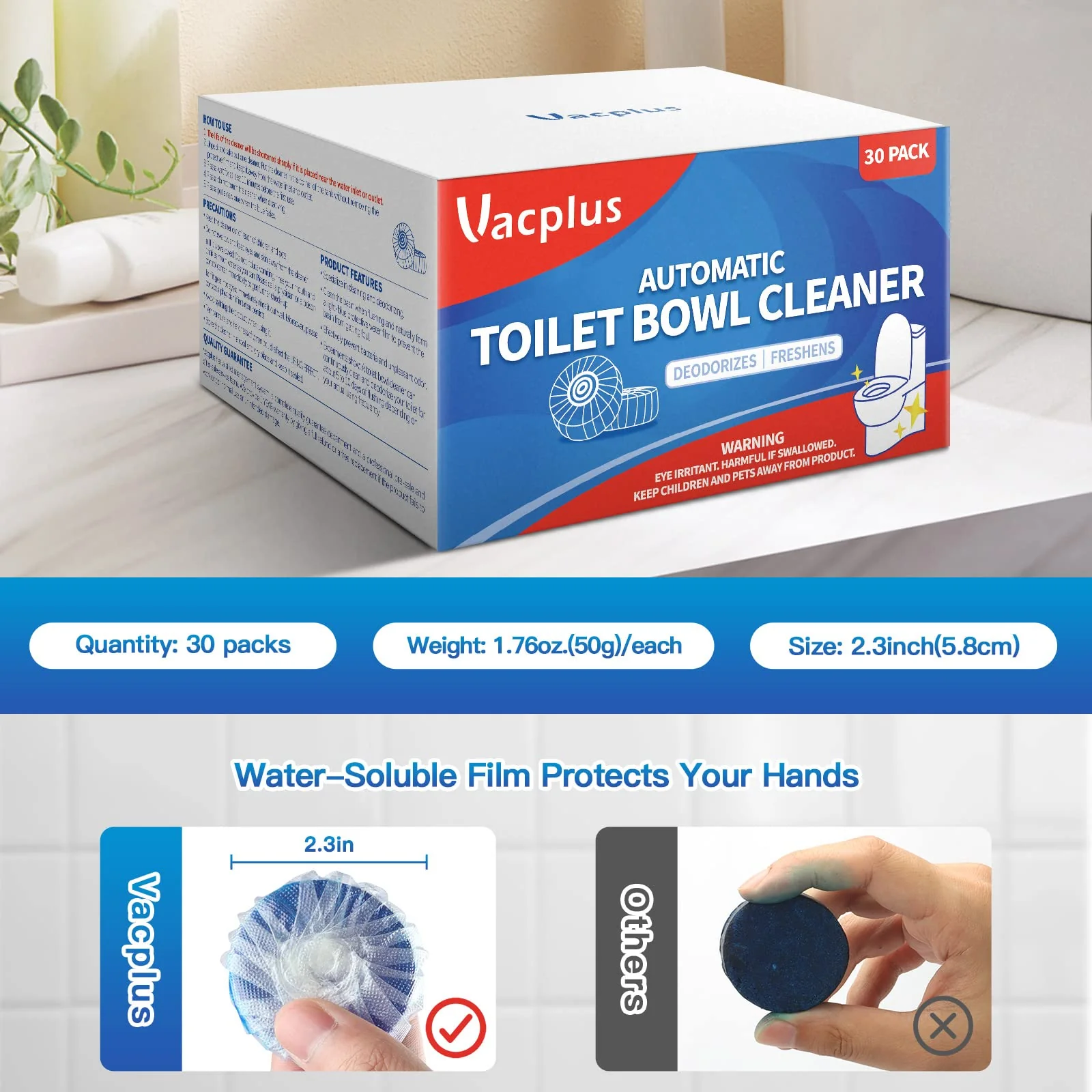 Vacplus Automatic Toilet Bowl Cleaner Tablets, Bathroom Toilet Tank Cleaner (30 PACK), VA-T165 - Image 3