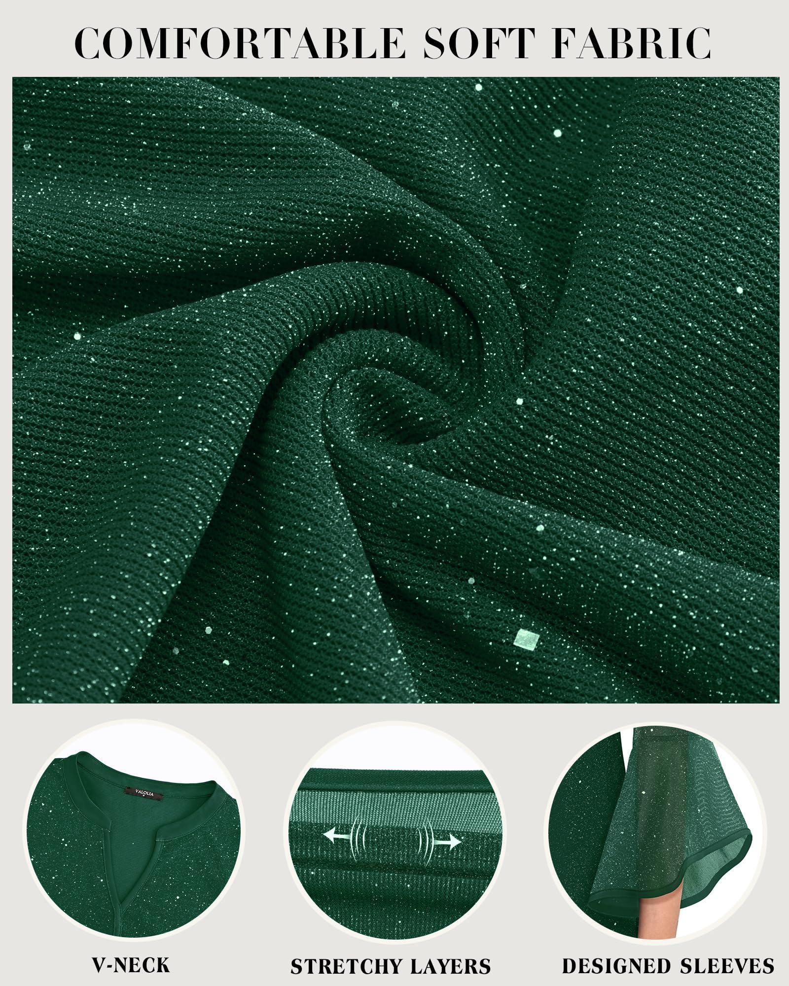 VALOLIA Sparkly Tops for Women: 3/4 Sleeve - Christmas Tops for Women 2024 - Womens Blouse for Wedding Guest Holiday Party Shirts Loose Fit Womens Green Sparkle Blouse V-Neck Sequin Tunic XXXL - Image 2