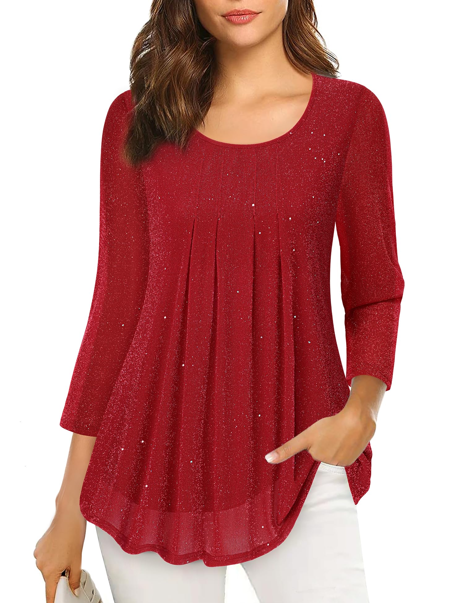 VALOLIA Women Blouses 3/4 Sleeve: Dressy - Sparkly Tops for Women - Ladies Christmas Flattering Blouse V Neck Casual Tunic Tops Loose Fit Layered Flowy Elegant Shirt Red XX-Large