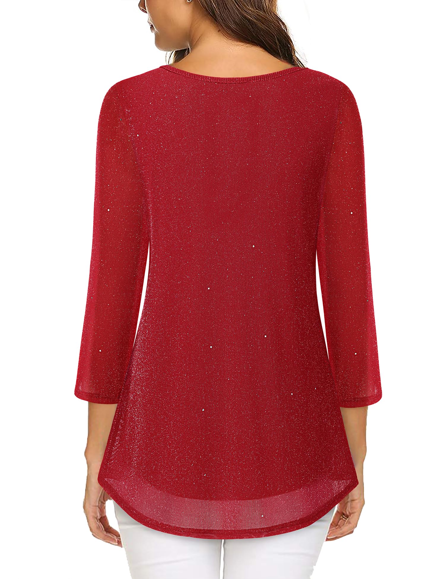 VALOLIA Women Blouses 3/4 Sleeve: Dressy - Sparkly Tops for Women - Ladies Christmas Flattering Blouse V Neck Casual Tunic Tops Loose Fit Layered Flowy Elegant Shirt Red XX-Large - Image 5